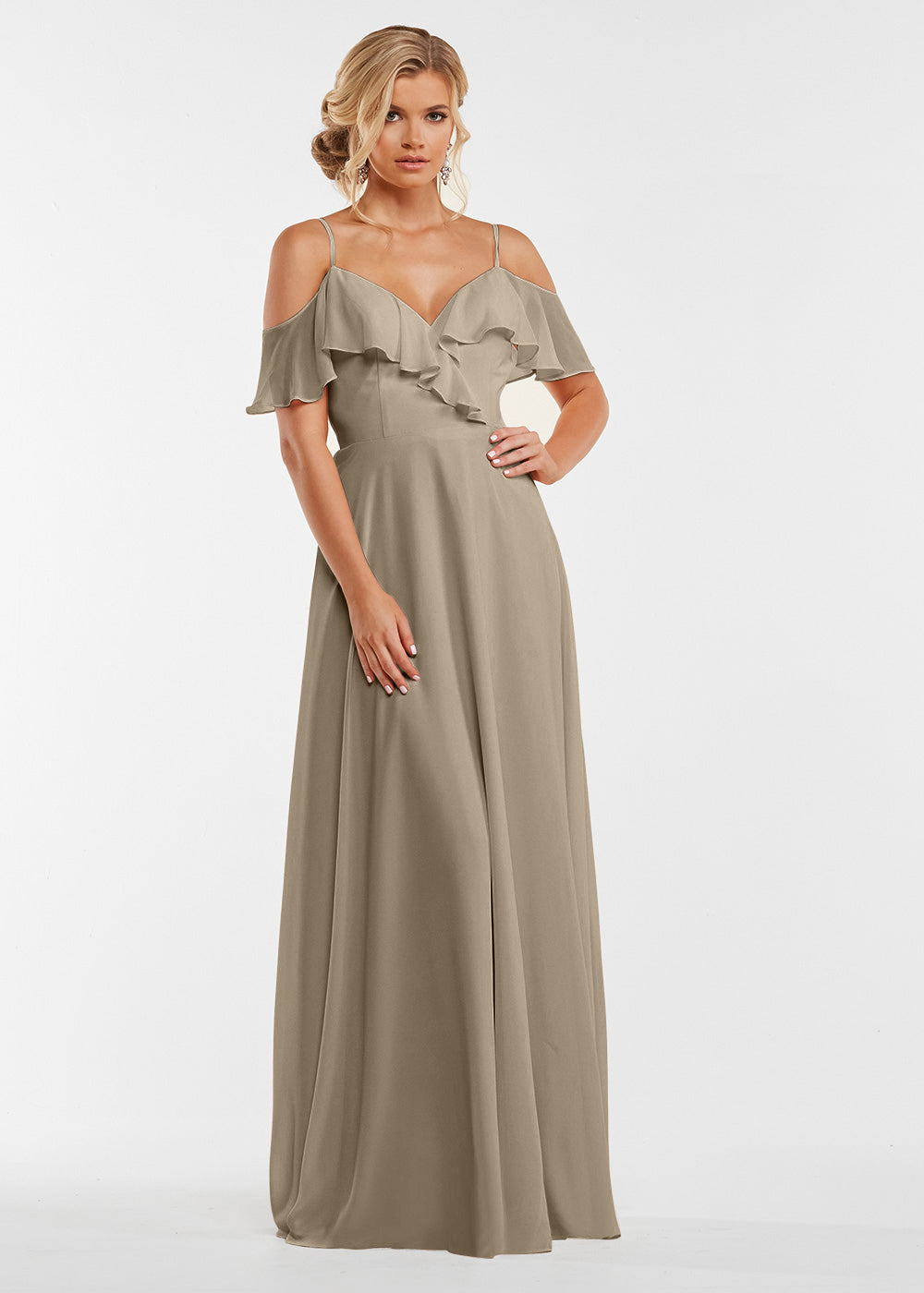 Elegant Off Shoulder Ruffled Chiffon Bridesmaid Dress - A-Line Flowy Design for Weddings, Parties & Special Occasions