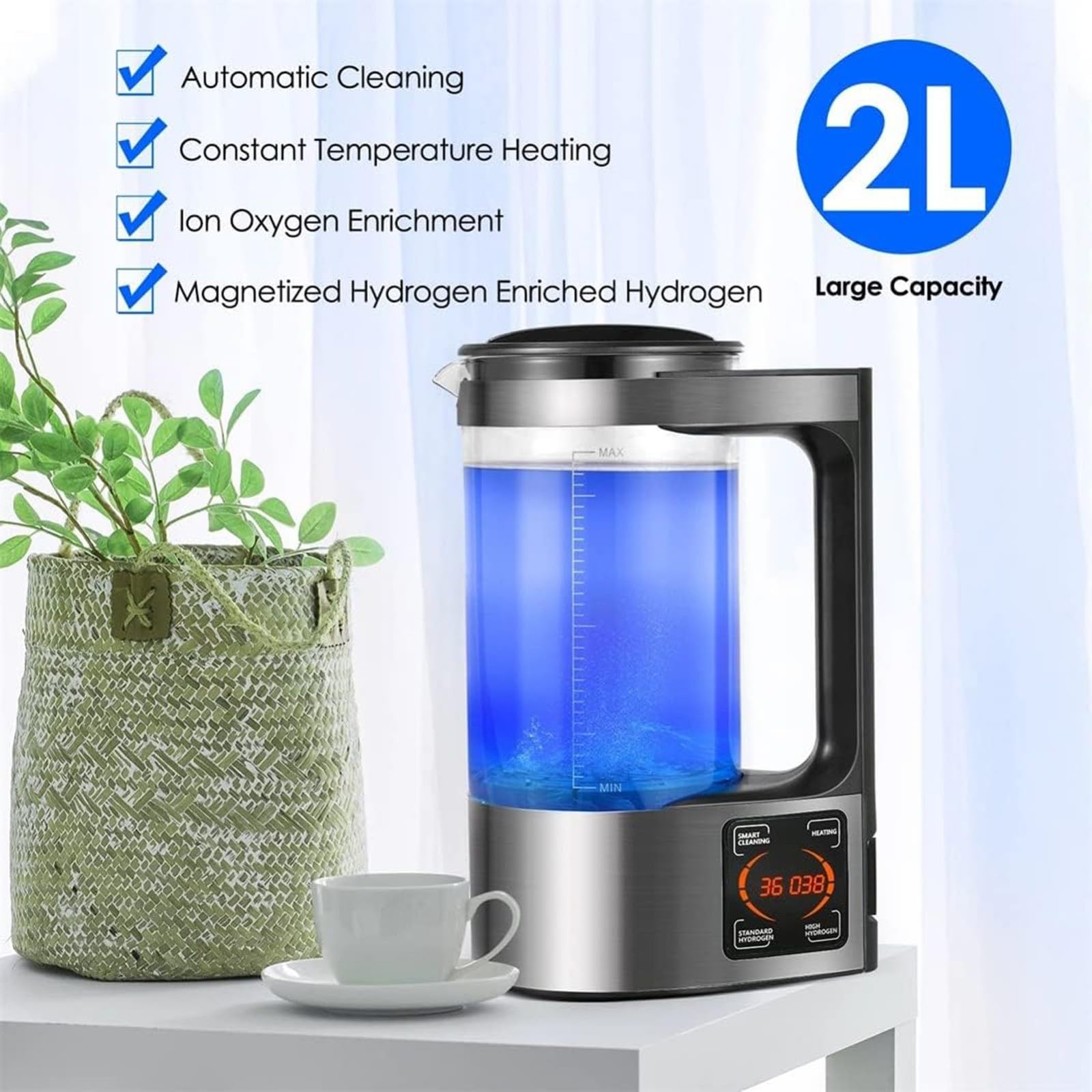 VHVYWY 2L Hydrogen Water Bottle, Alkaline Water Ionizer, Portable Hydrogen Generator with LED Display & Thermostat for Home, Office, Gym & Travel - Boost Hydration & Wellness