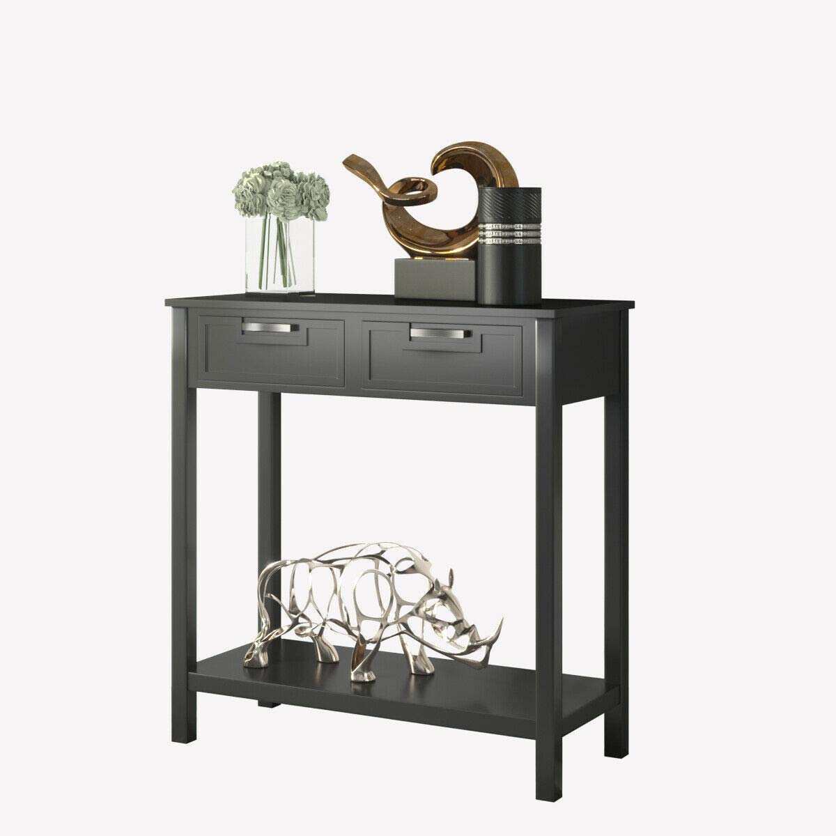 Modern Black Entryway Sofa Console Table with 2 Drawers - Sturdy Waterproof Storage Shelf for Living Room, Bedroom & Hallway - Easy to Clean Accent Furniture for Home Decor