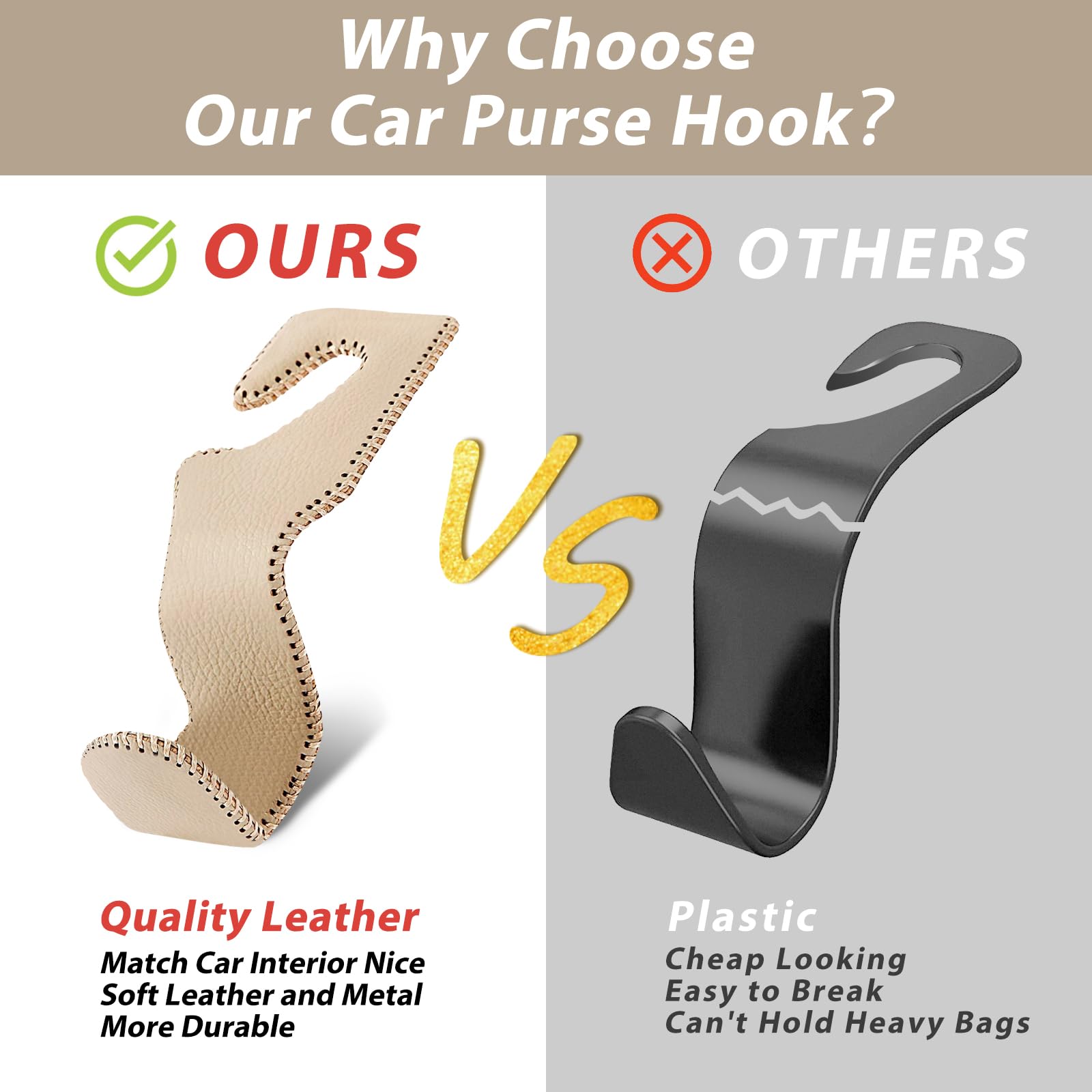 Car Purse Hook - 2 Pack Leather Headrest Hanger for Purses & Bags (Beige) | Perfect for Road Trips, Shopping & Keeping Your Car Organized