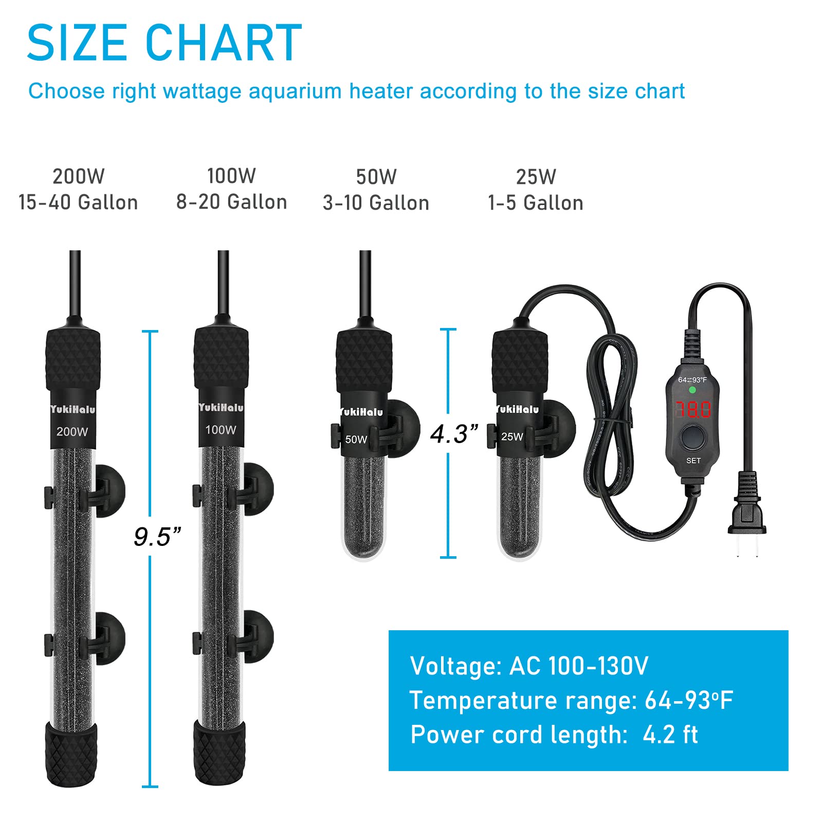 YukiHalu Small Submersible Aquarium Heater - Adjustable Mini Fish Tank Heater 25W 50W 100W 200W 300W with External Temperature Controller & LED Display for 5-60 Gallon Tanks (25W) - Perfect for Tropical Fish, Betta Tanks & Home Aquariums