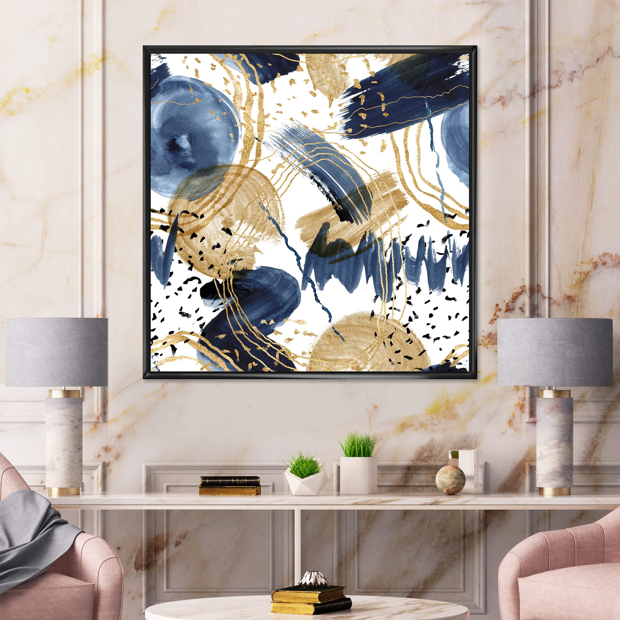 Abstract Pattern Dark Blue & Gold Framed Canvas Wall Art - Modern Home Decor for Living Room, Bedroom & Office