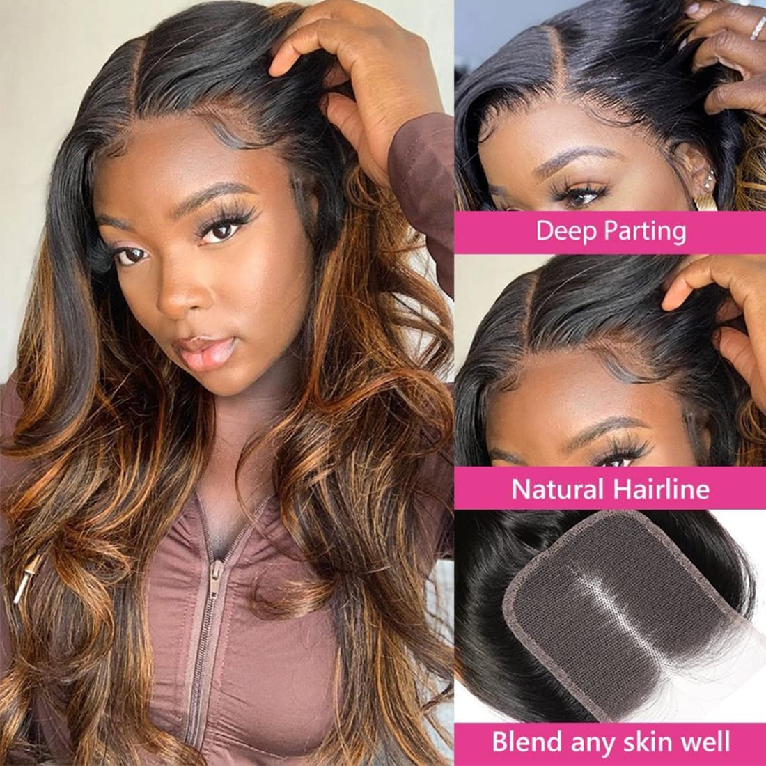 Beauty Forever #FB30 Highlight Brazilian Body Wave 3 Bundles Human Hair Extensions with 4x4 Lace Closure - Ombre Balayage Piano Color Virgin Hair for Natural Look | Perfect for Daily Styling, Special Occasions & Salon Use