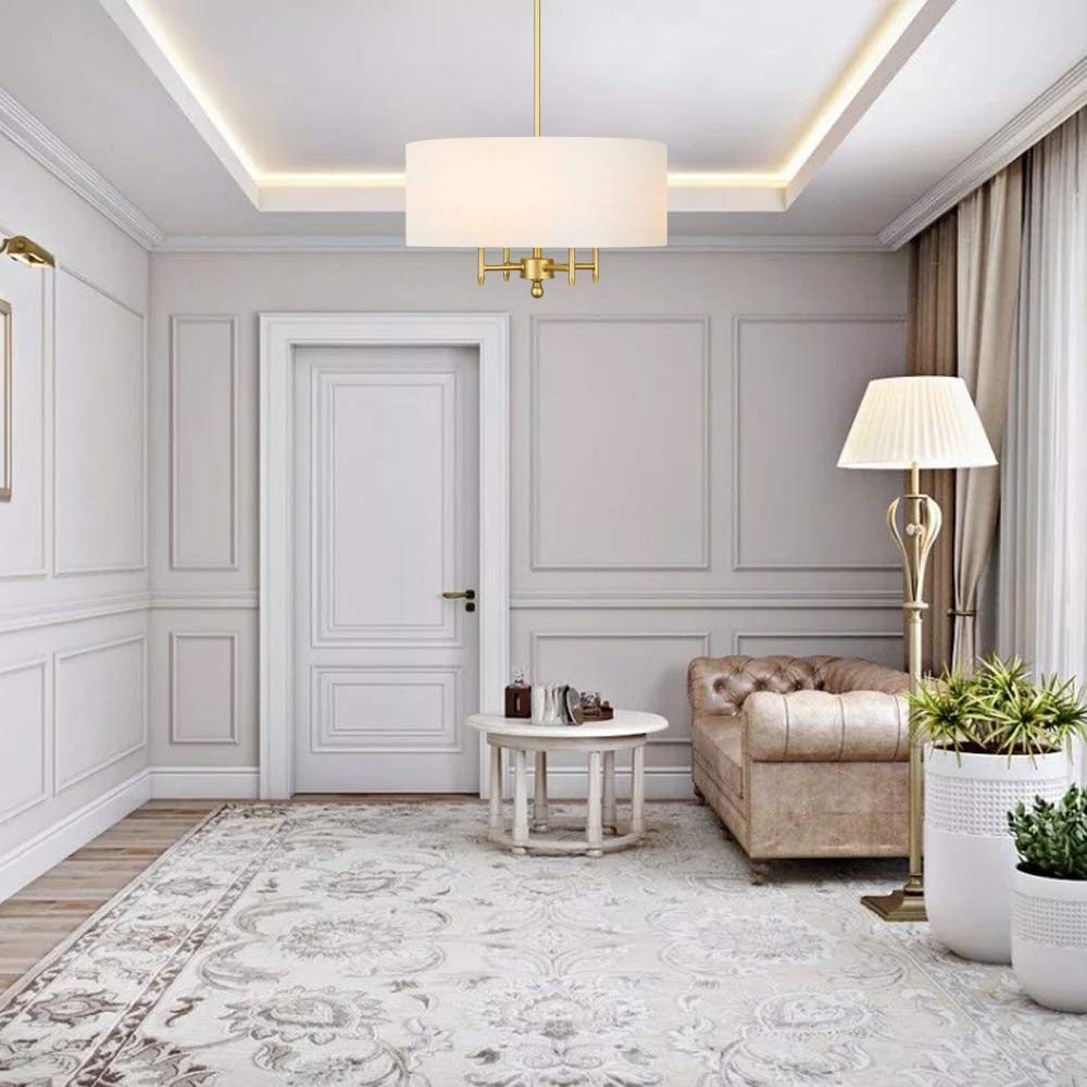 T&A TALENT AND ART Classic Brass 4-Light Chandelier with White Linen Drum Shade - 18
