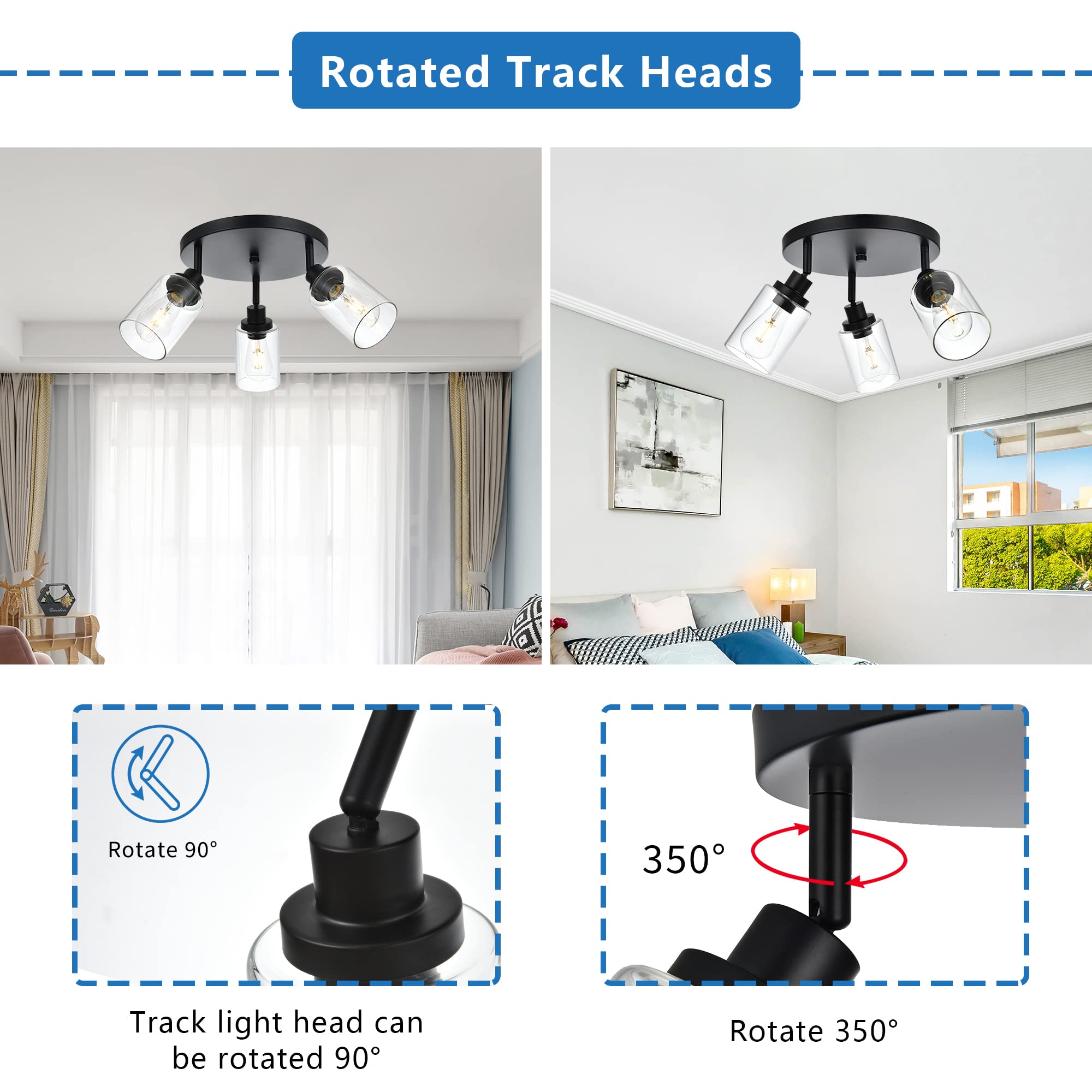 MELUCEE 3-Light Black Round Semi Flush Mount Track Lighting Fixture - Adjustable Directional Ceiling Light for Kitchen, Hallway, Foyer & Entryway | Modern Home & Commercial Lighting Solution
