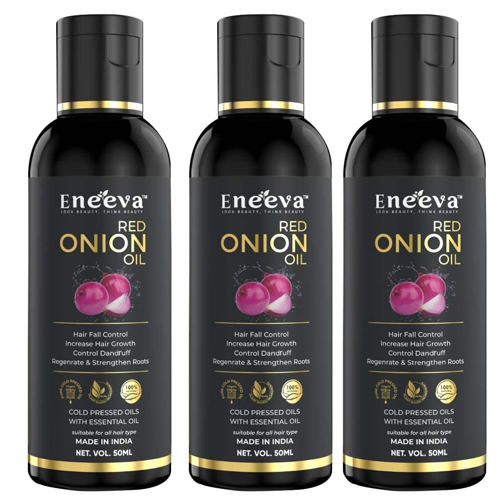 Eneeva Red Onion Hair Oil - 100% Herbal Pure Adivasi Hair Growth Treatment for Hair Fall Control (100ml, Pack of 3) - Promotes Stronger, Thicker Hair for Men & Women - Perfect for Daily Hair Care & Scalp Nourishment