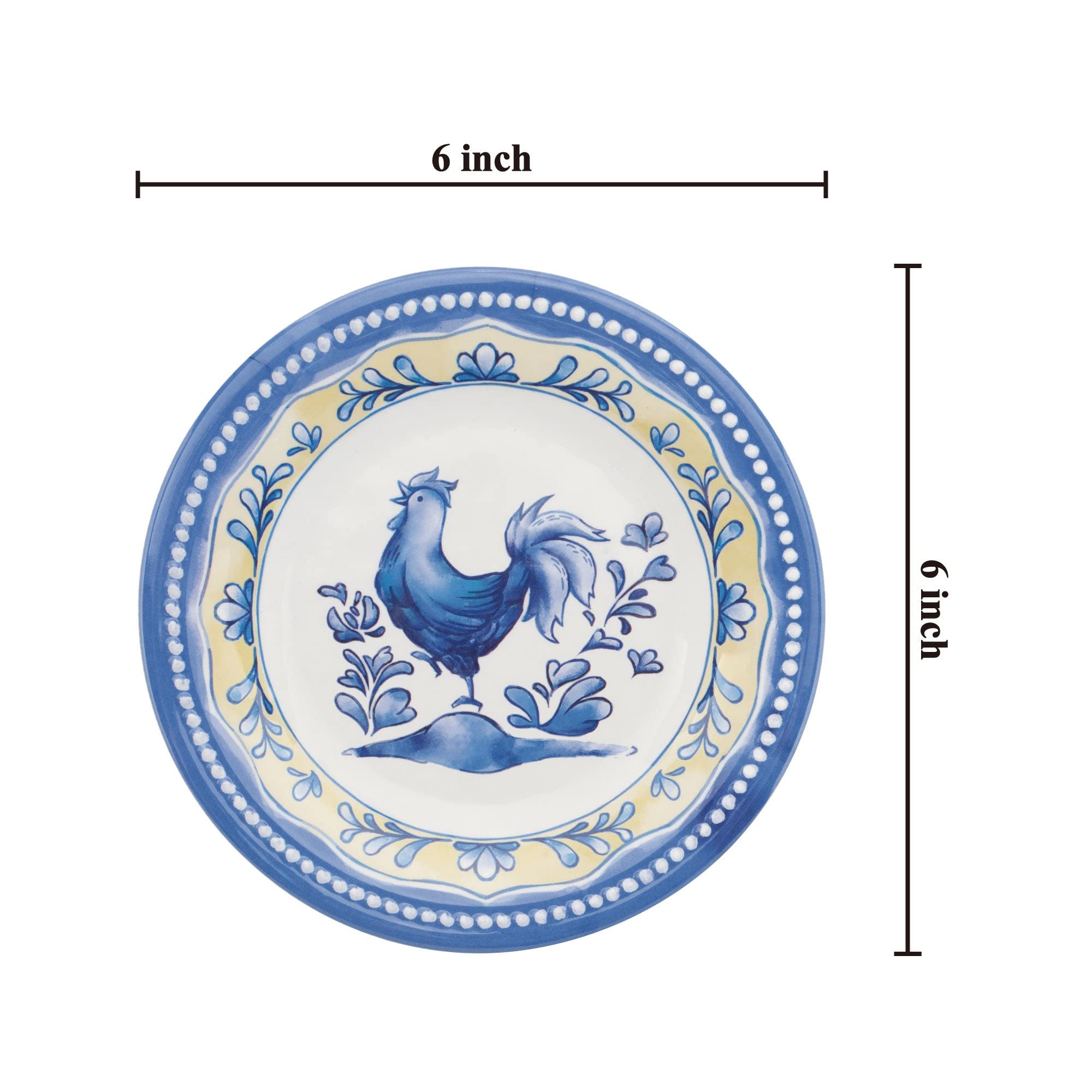 UPware Blue Rooster Melamine Round Dessert Plates 6 Inch - Set of 4 Small Serving Plates for Appetizers, Snacks, Side Dishes - Durable & Lightweight for Picnics, Parties, Outdoor Dining