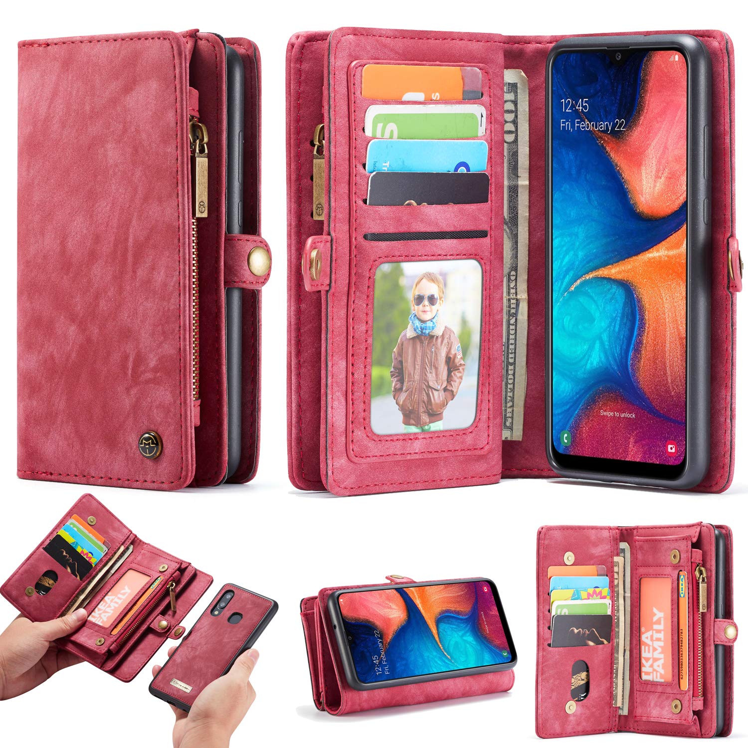 Samsung Galaxy A20 A30 Leather Wallet Case with Zipper Purse, Detachable Card Slots, Magnetic Wrist Strap & Shockproof Cover - Perfect for Daily Use, Travel & Business (Red, for Galaxy A20)