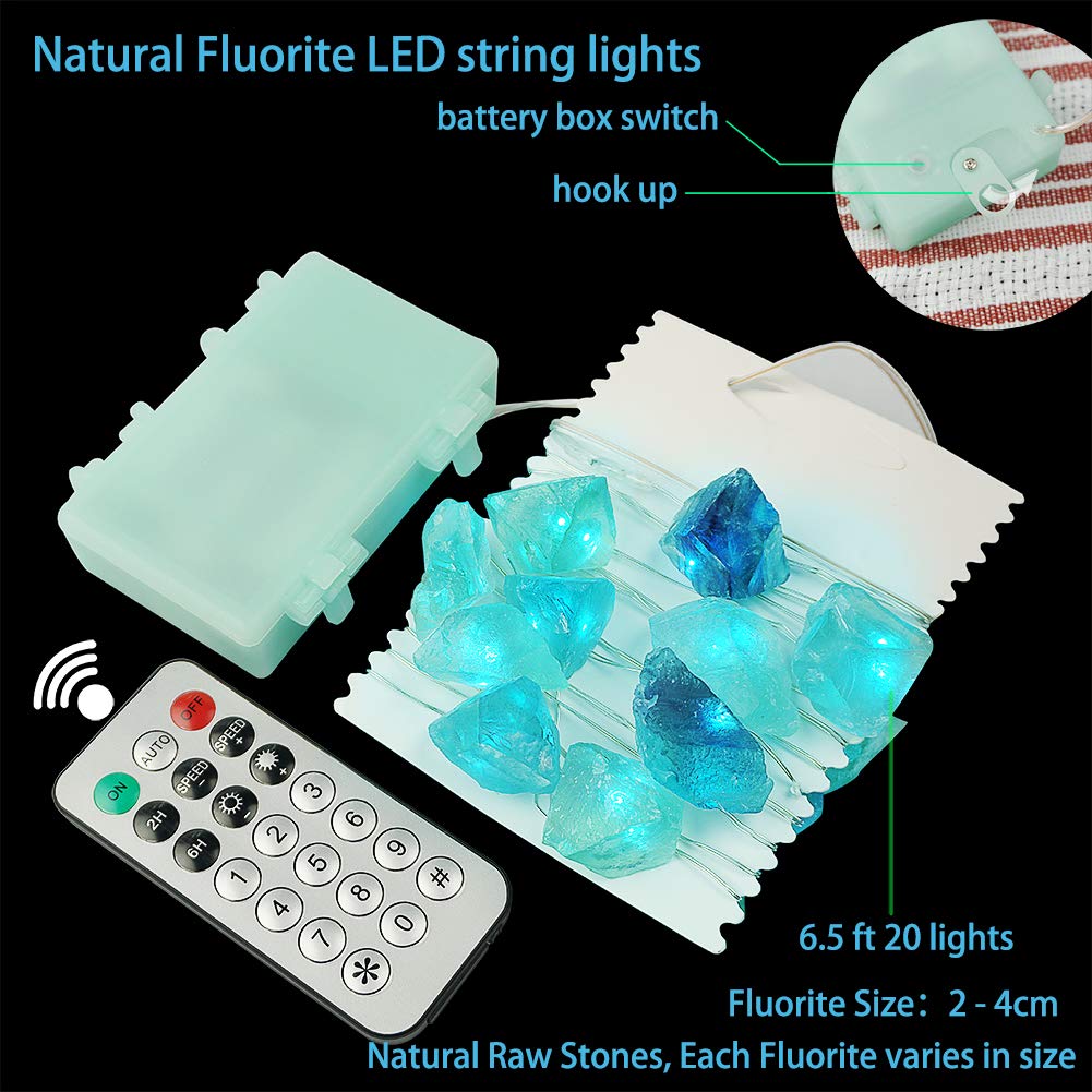 BOHON 20 LED Natural Fluorite & Sea Glass String Lights - 6.5ft Battery Operated with Remote Control - Raw Stone Decorative Lighting for Bedroom, Party, Indoor, Christmas & Wedding Decor - Perfect for Home Ambiance, Holiday Celebrations and Romantic Settings
