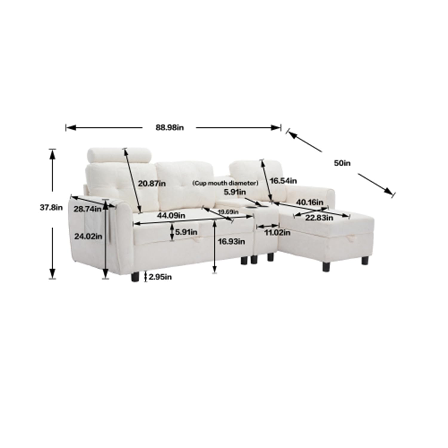 Modern L-Shaped Sectional Sofa with Storage Chaise - 3-Seater Fabric Upholstered Couch with 2 Cup Holders & Side Pockets - Cozy Living Room Furniture for Apartments, Offices & Small Spaces (White) - Perfect for Entertaining Guests or Relaxing with Family