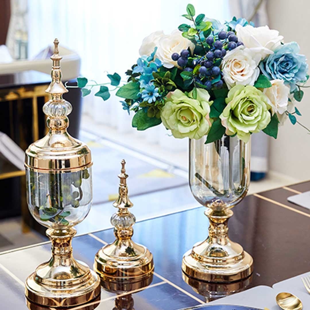 2X Clear Glass Flower Vase with Lid - Blue Flower Filler Vase Black Set for Home Decor, Wedding Centerpieces & Tabletop Arrangements