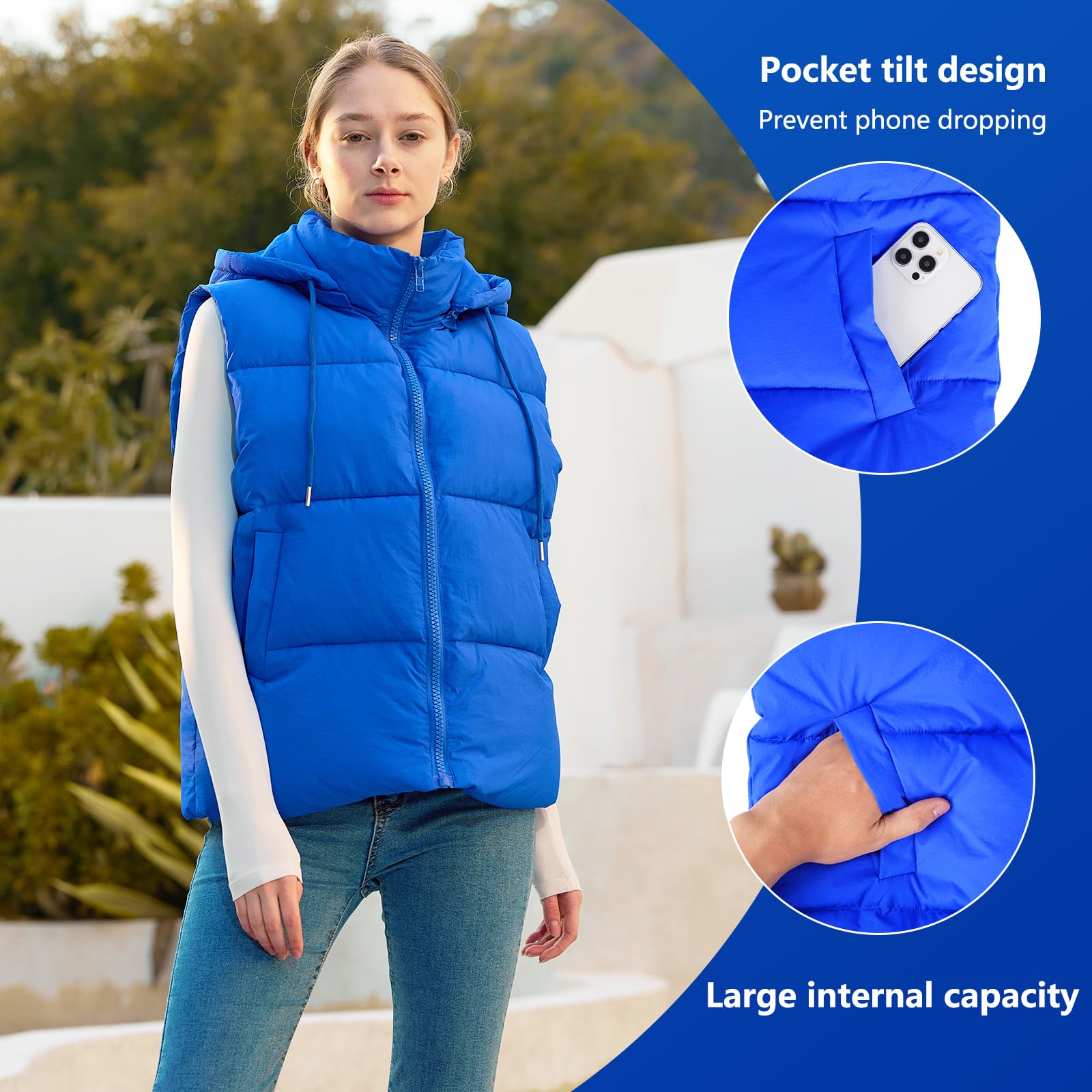 Women's Lightweight Puffer Vest with Zippered Pockets & Detachable Hood - Winter Warm Fleece Lined Jacket for Outdoor Hiking, Camping & Casual Wear