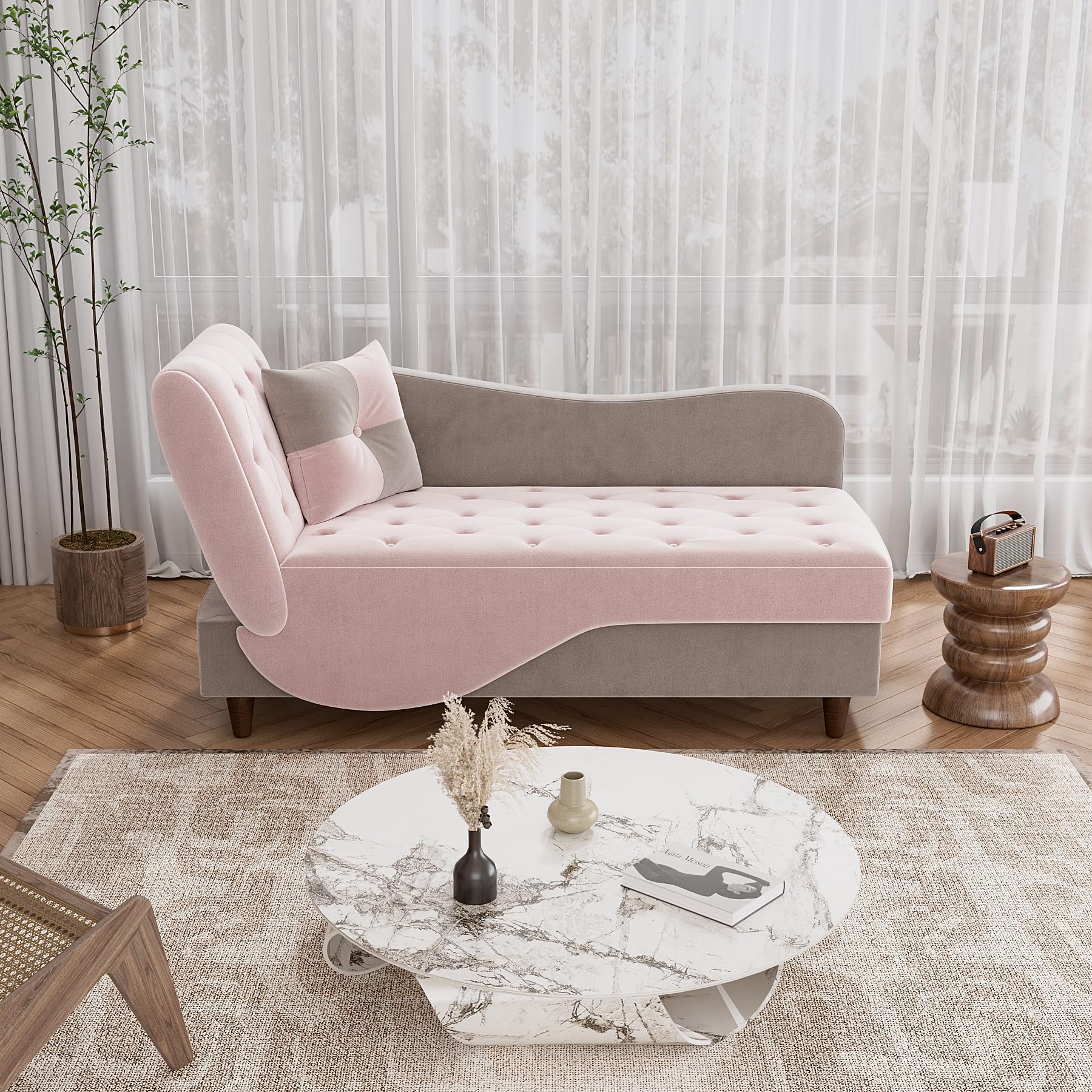 OUYESSIR Velvet Upholstered Adjustable Chaise Lounge Sofa with Storage & Pillow - Button Tufted Recliner for Living Room, Bedroom, Office (Pink/Gray) - Perfect for Small Space, Reading Nook & Home Theater Seating