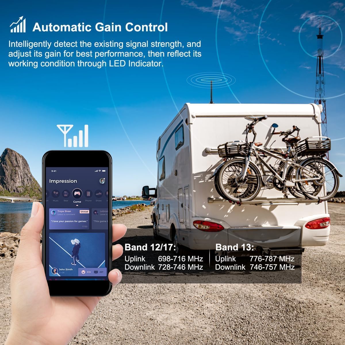 4G LTE 5G Cell Phone Signal Booster for RV, Truck & Car - Compatible with T-Mobile, AT&T, Verizon (Bands 12/13/17) - Stronger Reception for Road Trips, Remote Work & Emergency Calls