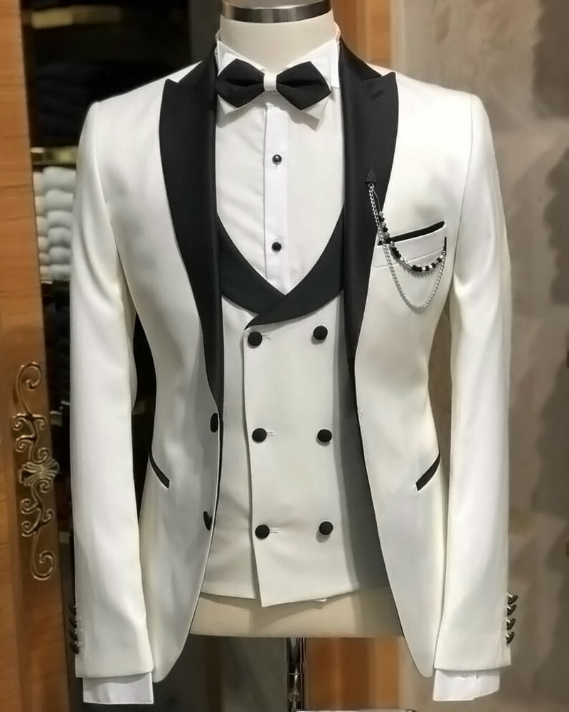 Elegant Ivory Wedding Tuxedo with Black Trim Lapel - 3 Piece Groom Suit Set CB10121 | Perfect for Weddings, Prom & Formal Events