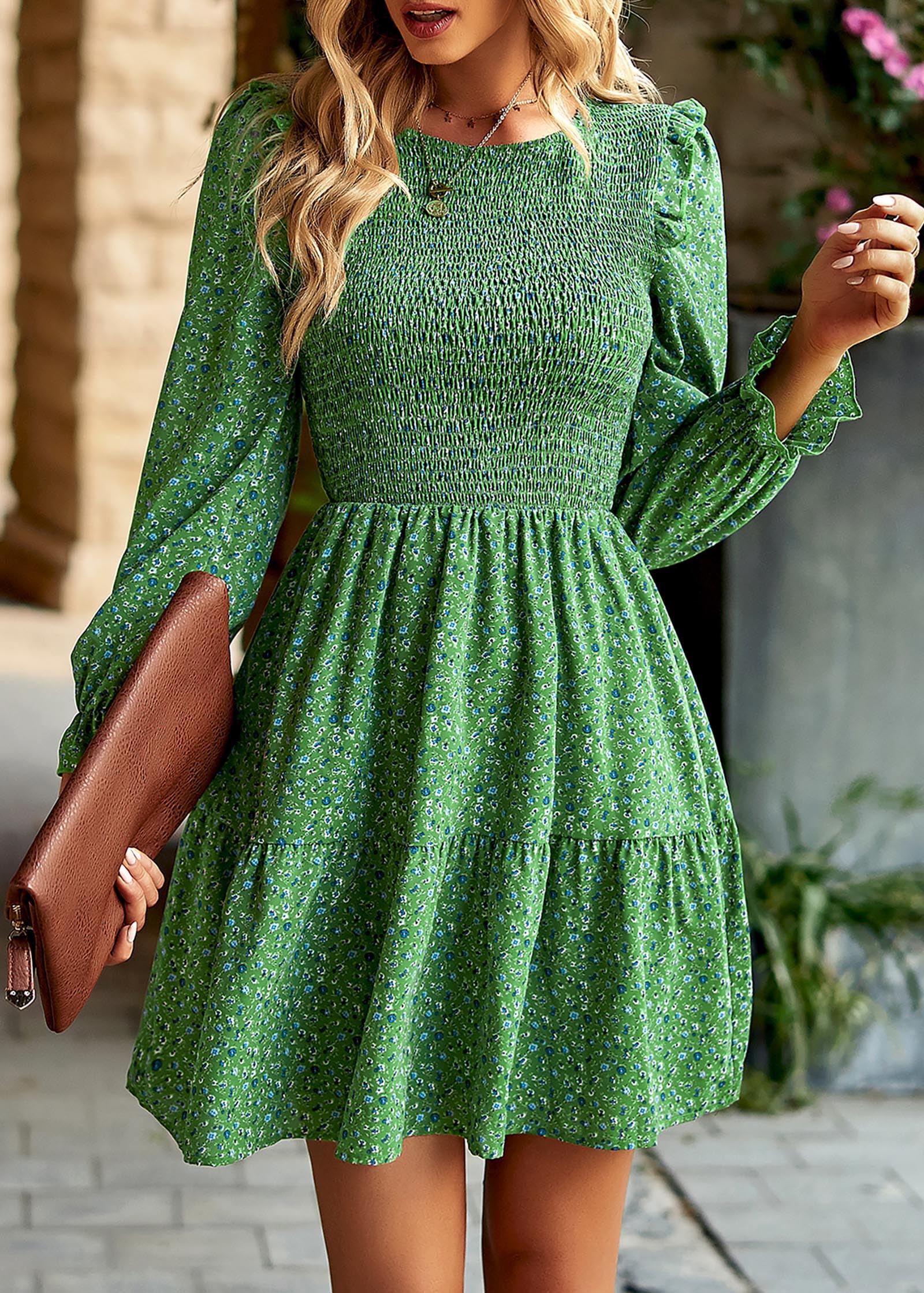 KIRUNDO Women's Floral Smocked Long Sleeve A-Line Mini Dress - Spring & Summer Ruffle Party Dress 2025 | Perfect for Garden Parties, Date Nights & Special Occasions
