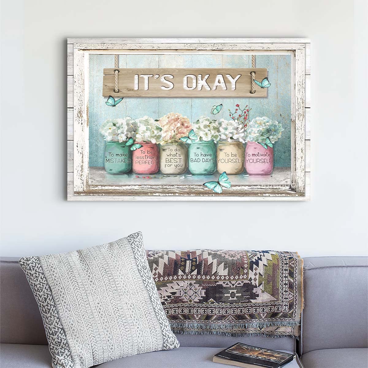 Inspiring Bible Verse Canvas Wall Art - 'It's Okay' Motivational Decor with Mason Jars & Butterflies on Teal Background - Perfect for Bedroom, Bathroom, Office & Home Decor (16x20 Inches) - Great for Stress Relief, Meditation Spaces & Christian Gift Giving