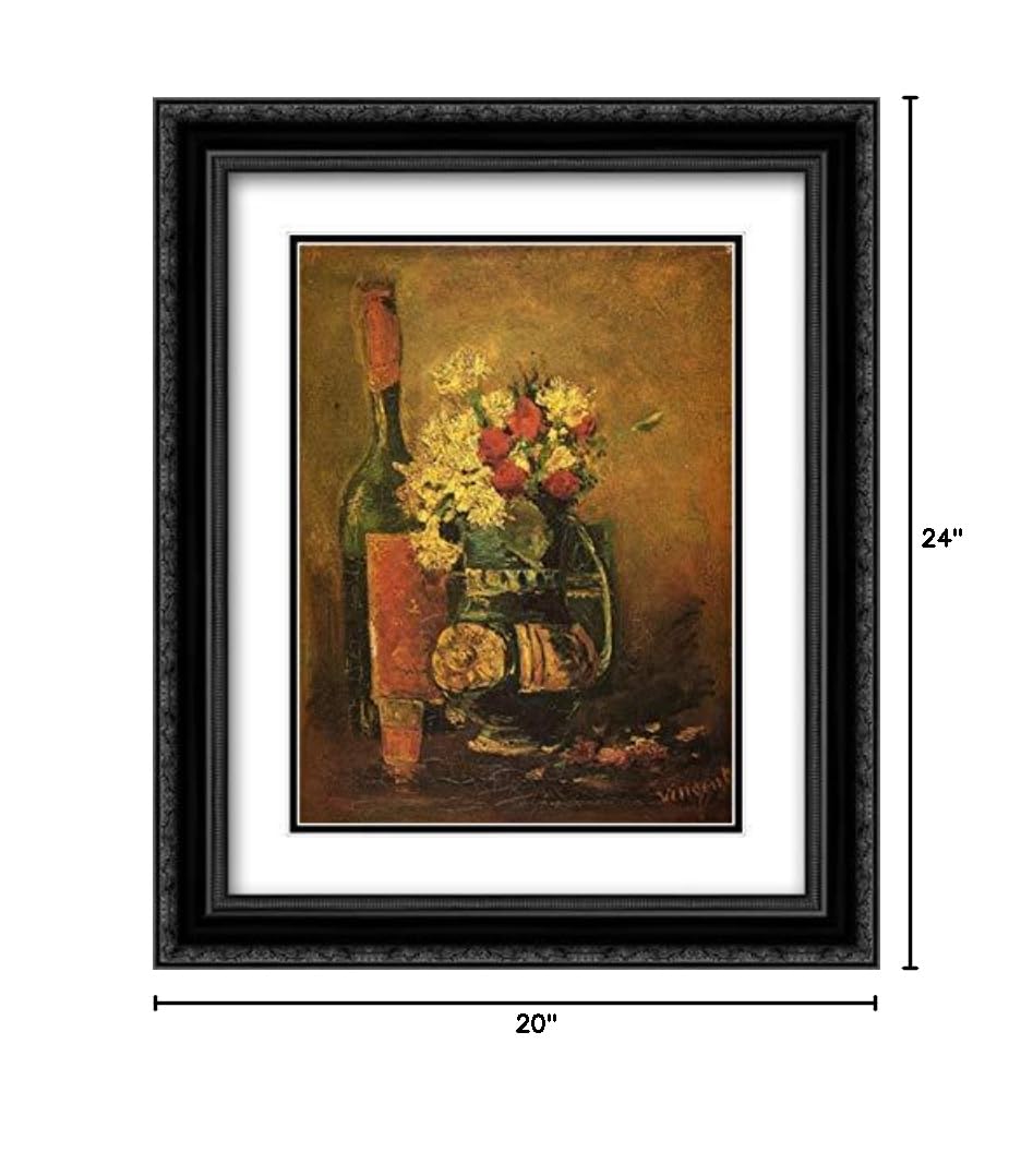 Vincent van Gogh Museum Art Print - Carnations and Bottle in Vase, 20x24 Inch Black Ornate Frame with Double Matting | Perfect for Home Decor, Office Wall Art & Gift Ideas