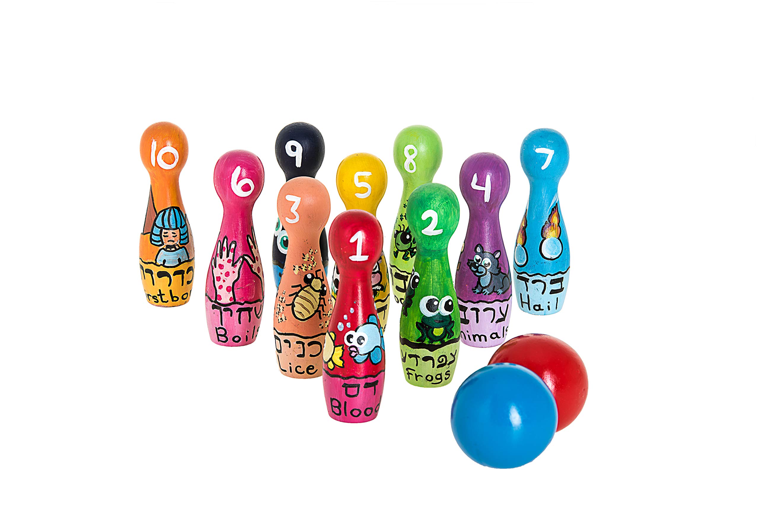 Handcrafted Wooden Ten Plagues Bowling Set - Passover Game with 10 Symbolic Pins & 2 Sturdy Balls - Perfect for Jewish Holiday Celebrations and Family Game Nights