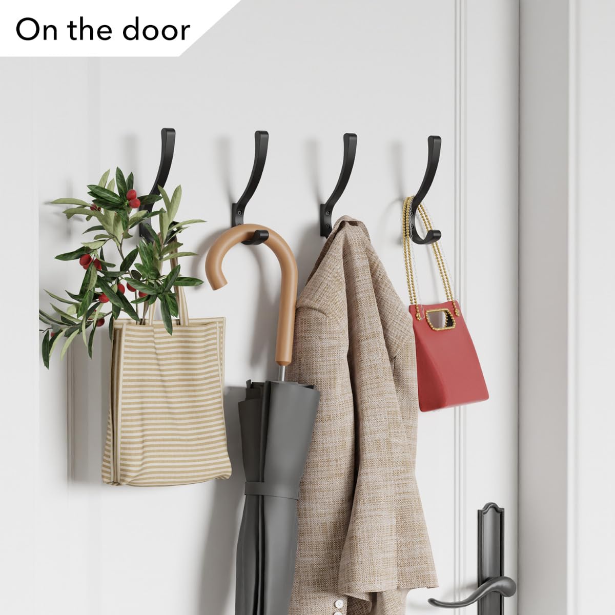 4 Pack Heavy Duty Wall Hooks - Black Metal Coat Hangers for Wall Mounting, Screw-In Hooks for Coats, Backpacks, Bags & Purses - Perfect for Entryway, Closet, Bathroom & Garage Organization