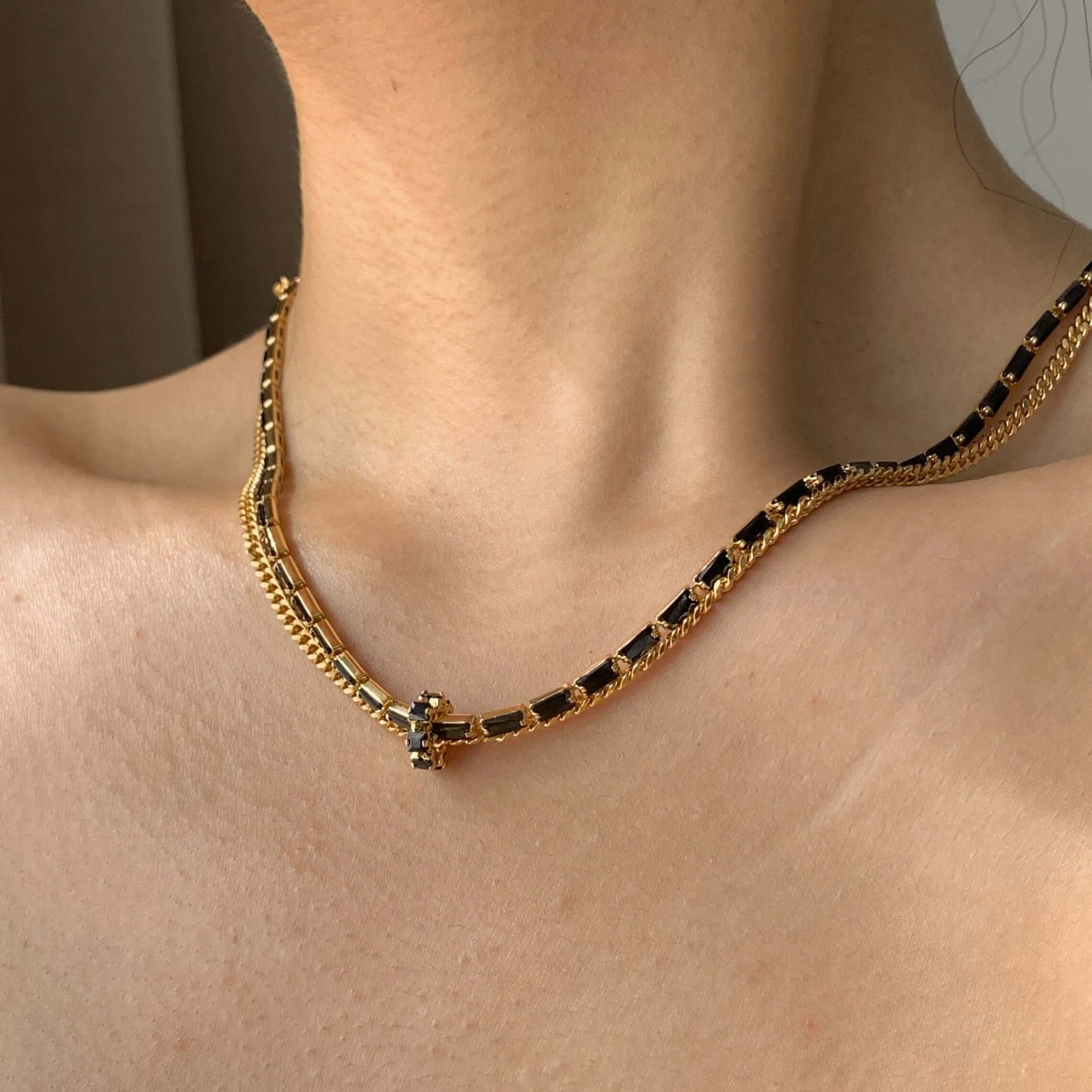 Black and Gold Layered Tennis Chain Necklace for Men & Women | 18K Gold Plated Stainless Steel Hip Hop Jewelry | Perfect for Parties, Gifts & Everyday Wear (QT2203)