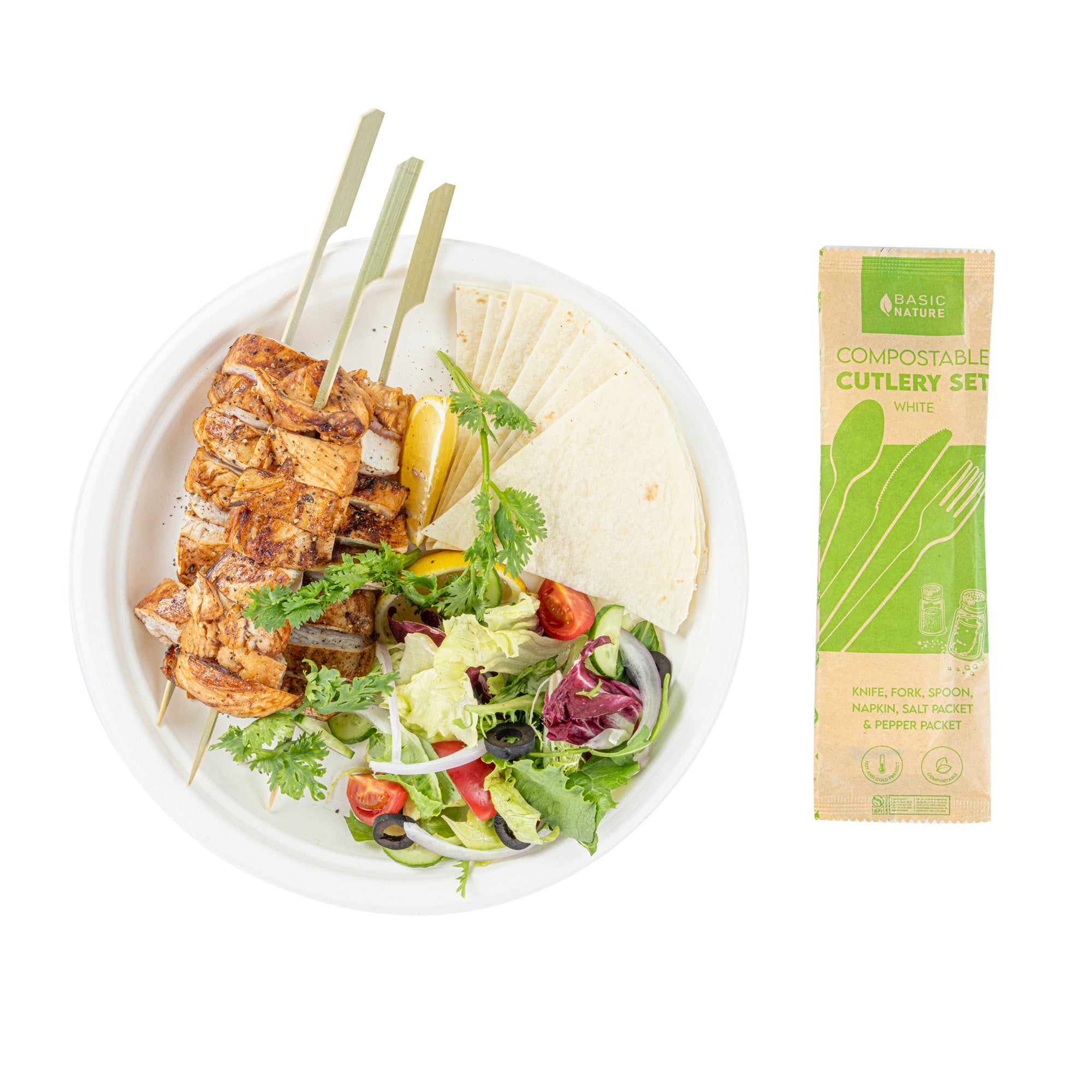 Eco-Friendly Compostable White PLA Plastic Cutlery Set with Napkins & Salt/Pepper Packets - 500 Count Box (6.25
