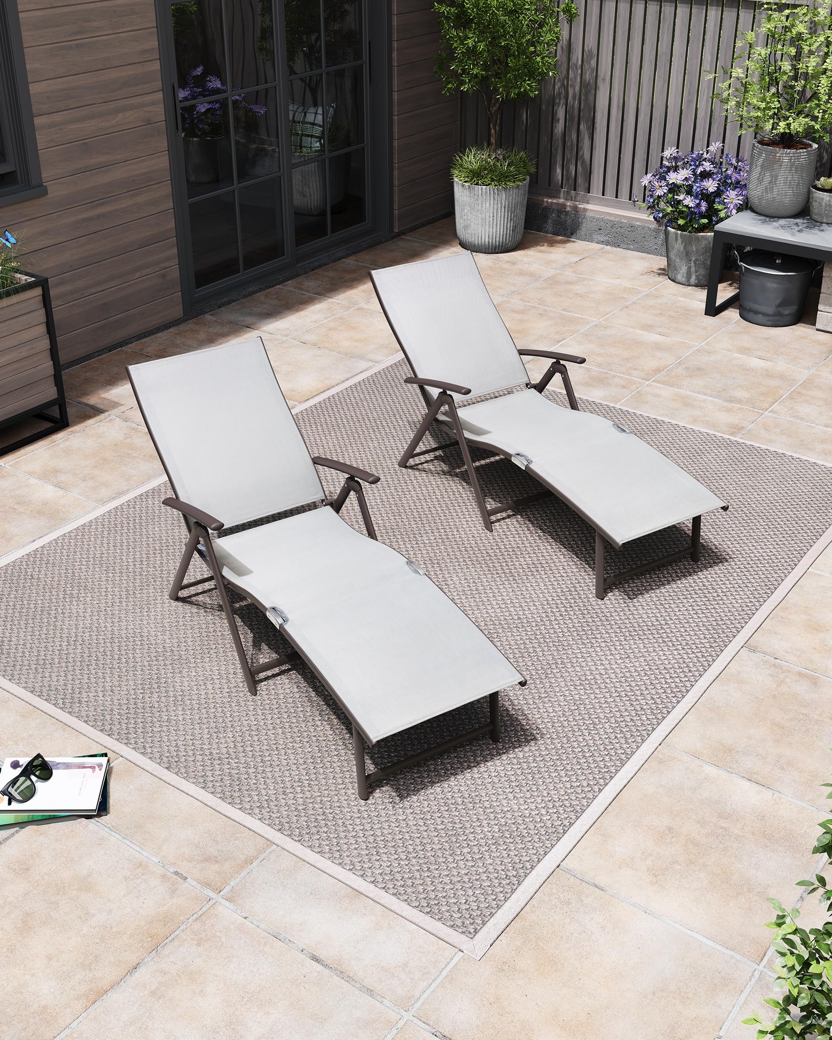 Pellebant 4-Piece Outdoor Chaise Lounge Set - Adjustable Aluminum Pool Lounge Chairs with Foldable Design & Footrest - Light Grey Patio Furniture for Backyard, Beach, Poolside, Deck & Garden Relaxation