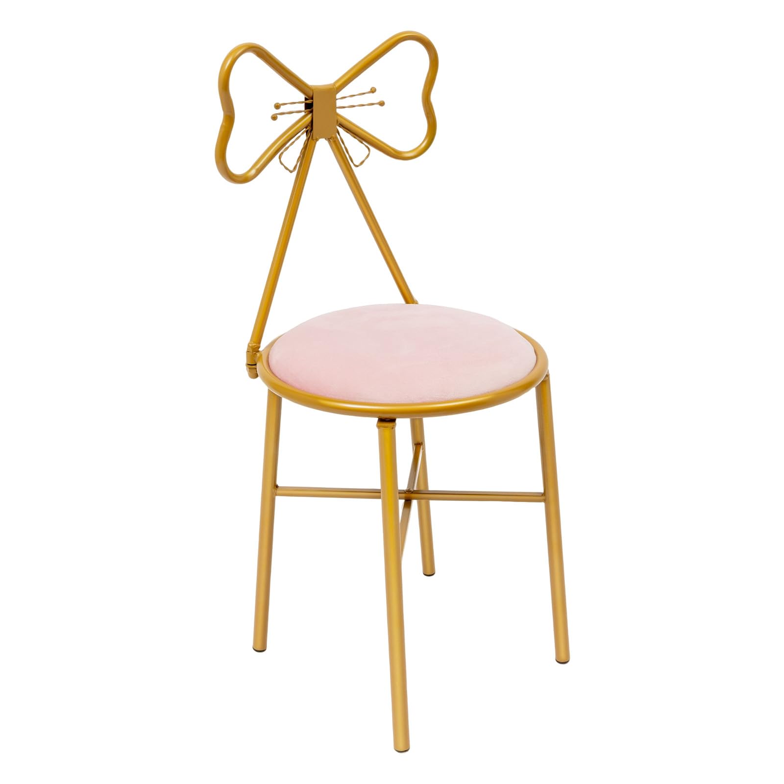 Elegant Pink Velvet Vanity Stool with Butterfly Bow Tie Backrest & Metal Frame - Comfortable Dresser Seat for Bedroom, Makeup, Lounge - Also Perfect for Kitchen, Pub, Breakfast Nook & Coffee Dining Areas