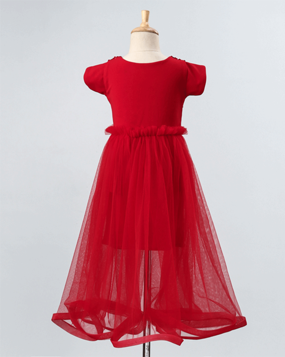 Pre Order: Flared Scuba & Net Gown with Sequin Embellishment - Red | Elegant Evening Dress for Prom, Party & Special Occasions