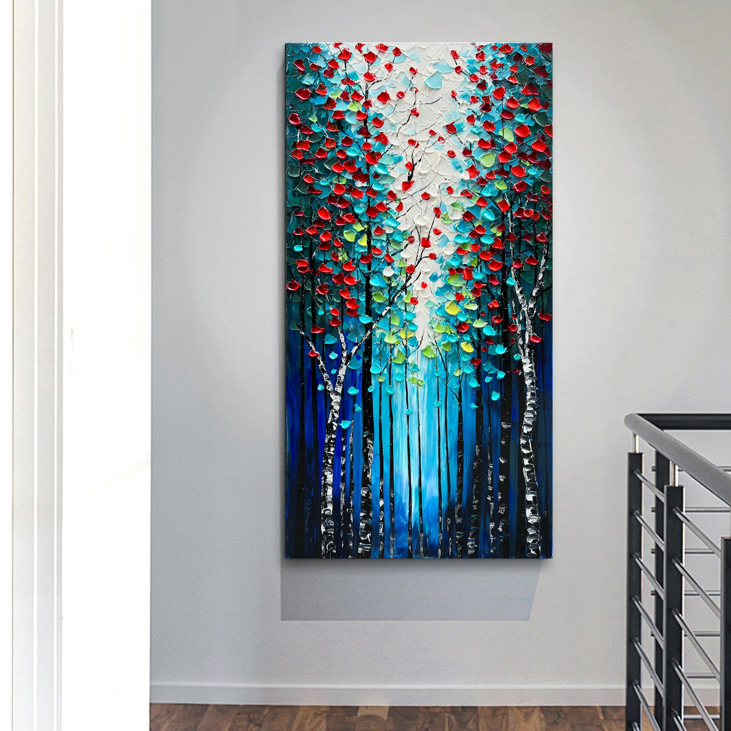 Hand Painted Forest Landscape Oil Painting - Dark Blue Vertical Canvas Wall Art 46x23 Inch - Home Decor for Living Room, Bedroom & Office