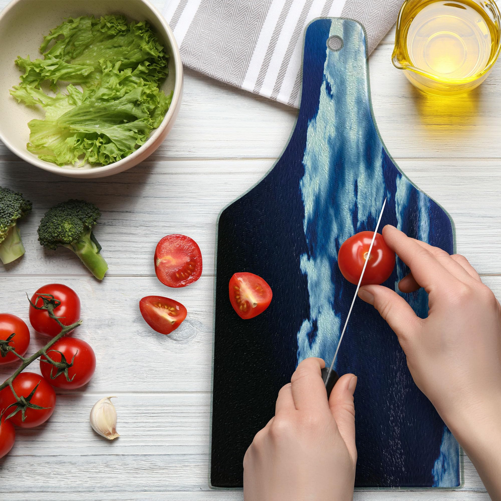 Ambesonne Dark Blue Tempered Glass Cutting Board - Sky & Dramatic Clouds Sunset Sunrise Design - Decorative Serving Board for Kitchen & Dining - Wine Bottle Shape - Blue, Dark Blue & White - Perfect for Cheese Platters, Charcuterie Boards & Wine Pairings