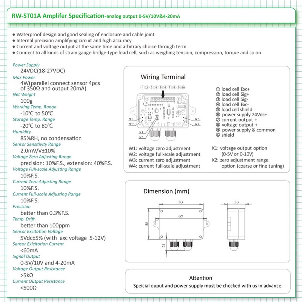 CGOLDENWALL RW-ST01A Load Cell Sensor Amplifier Transmitter with Dual Signal Output (0-10V & 4-20mA / 0-5V & 4-20mA) - Strain Gauge Amplifier for Industrial Weighing Systems, Process Control & Laboratory Equipment