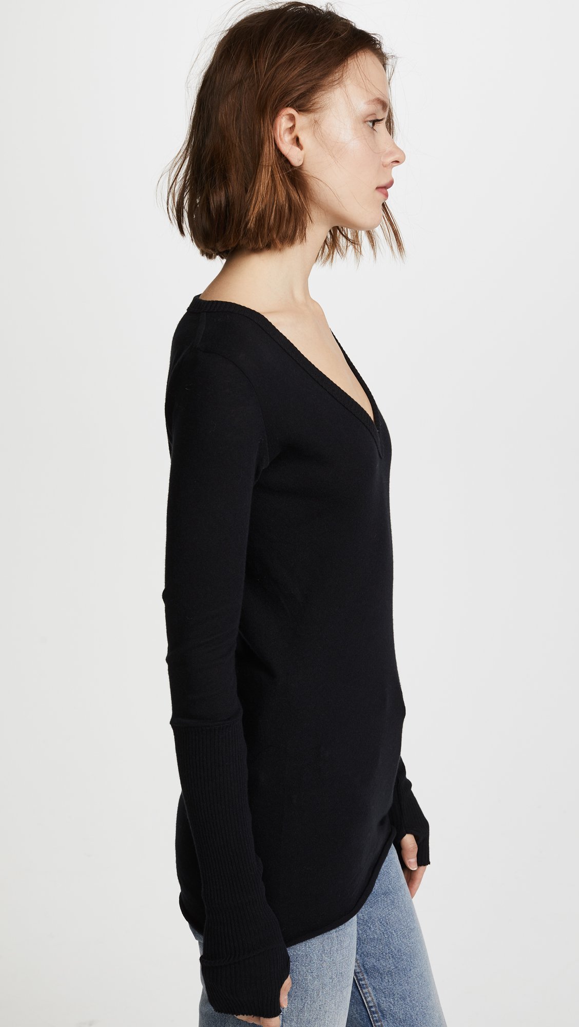 Enza Costa Women's Soft Cashmere Blend Long Sleeve V-Neck Top with Thumbholes & Cuffed Sleeves - Perfect for Work, Travel & Casual Outfits