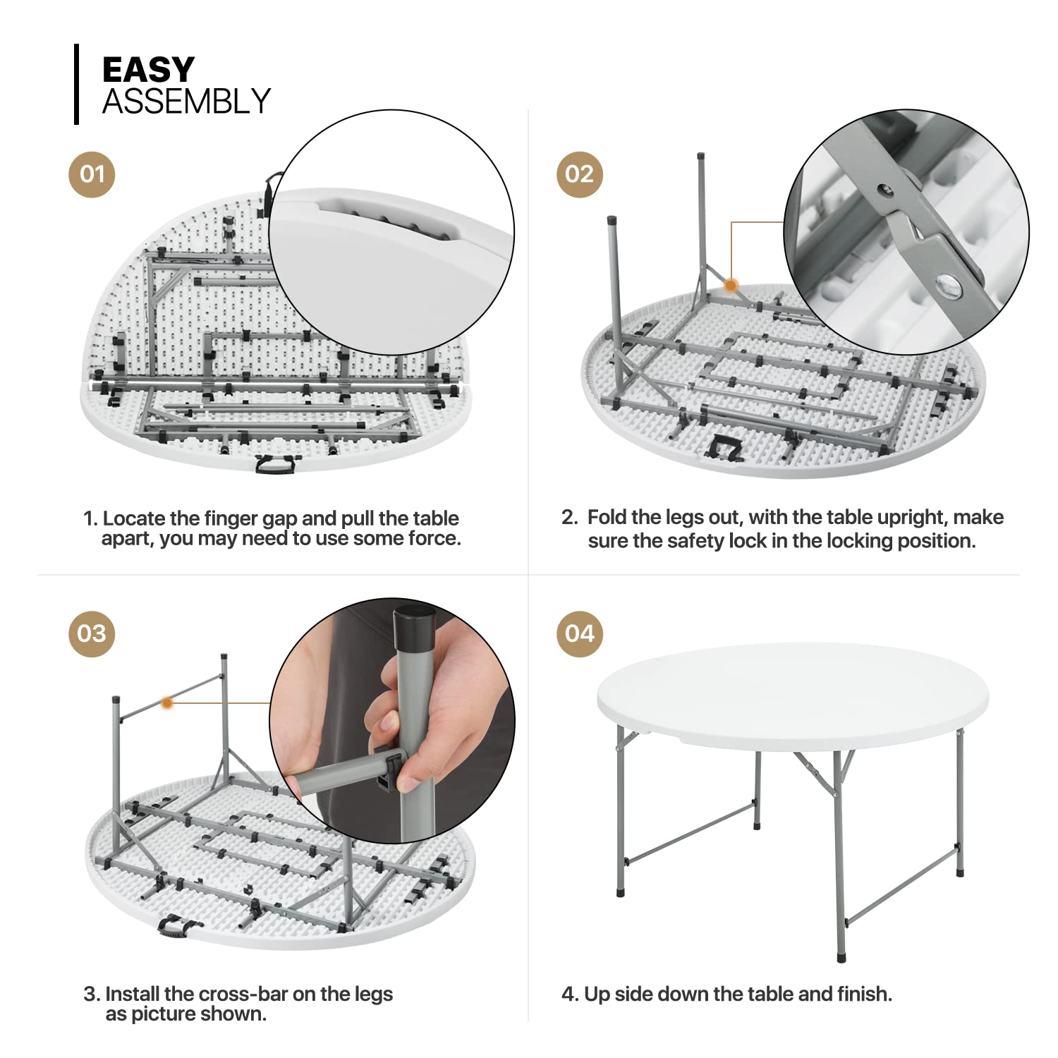 MoNiBloom 4.5Ft Round Folding Table - Portable Plastic Dining Table with Handle & Lock for Indoor Outdoor Use - Perfect for Picnic, Party, Banquet, Wedding (White)