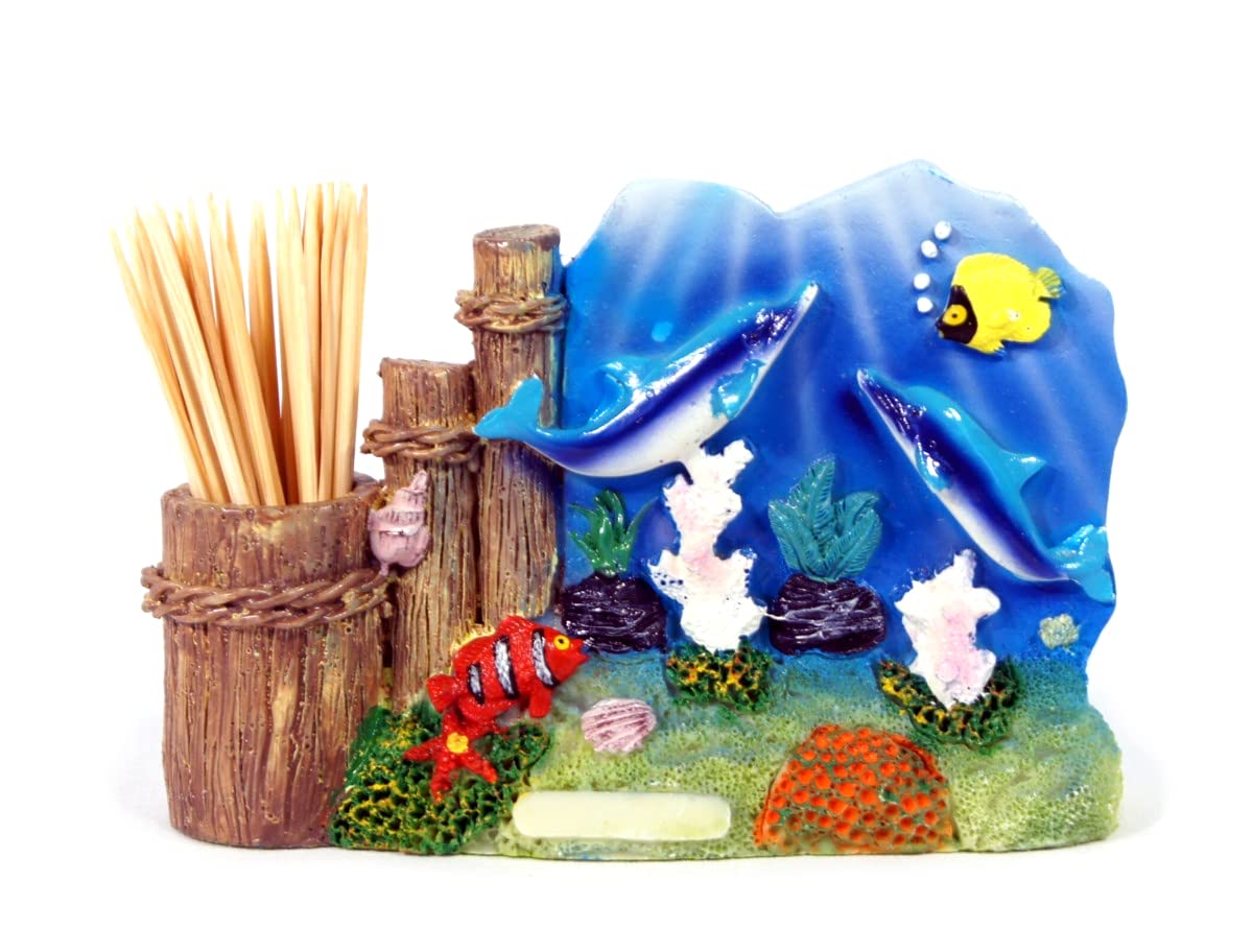LX Handpainted Ocean Life Ceramic Pen Holder & Toothpick Holder - Dolphin Design (4.5 Inch) - Perfect for Office Desk, Kitchen Counter & Beach House Decor