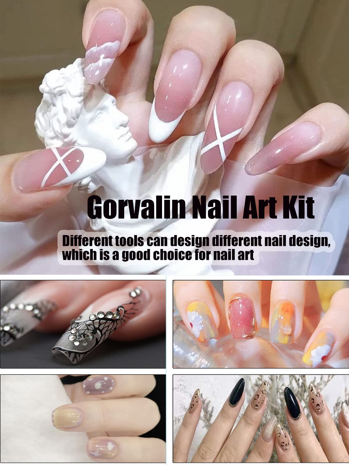 Gorvalin French Nail Stamper Kit - Black & White UV Gel Polish with Nail Art Brush & Dotting Pens | DIY French Manicure Set for Home Salon, Nail Art Designs & Professional-Looking French Tips