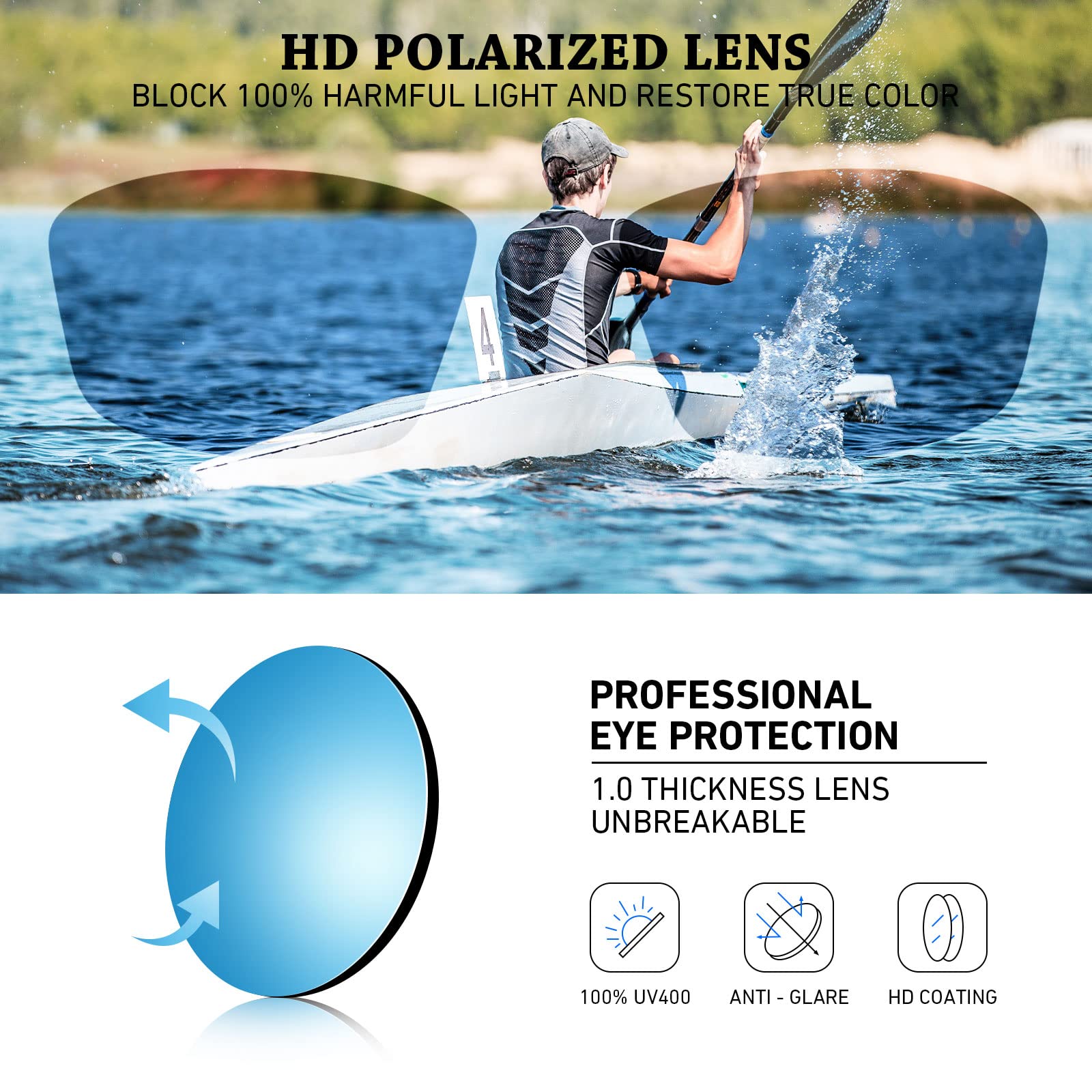 Polarized Sports Sunglasses for Men & Women - UV400 Protection Rectangular Goggles for Fishing, Driving, Running & Outdoor Activities