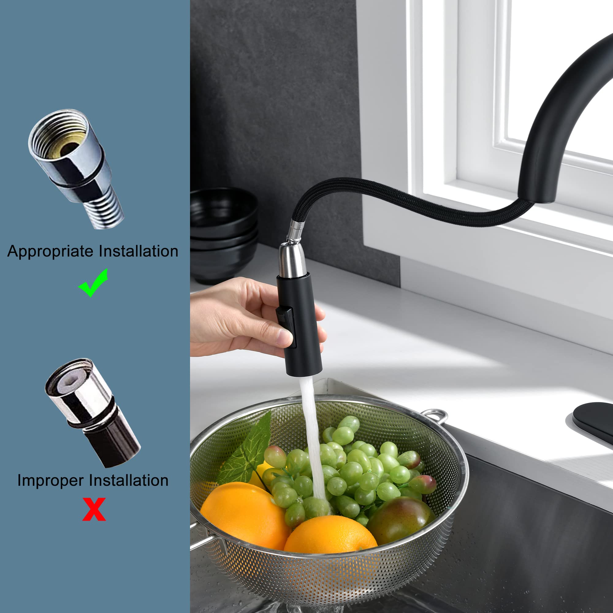 Tohlar 2-Function Pull Down Kitchen Faucet Spray Head Replacement, Black Nozzle Hose Spout for Modern Kitchens and Dishwashing