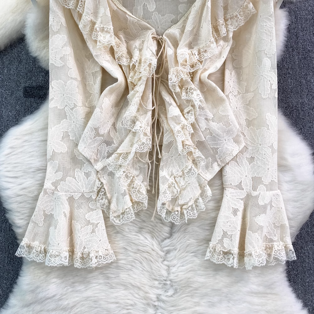 Elegant French Style Long Sleeve V-Neck Ruffled Chiffon Blouse - Women's Casual Dressy Top for Work, Date Night & Special Occasions