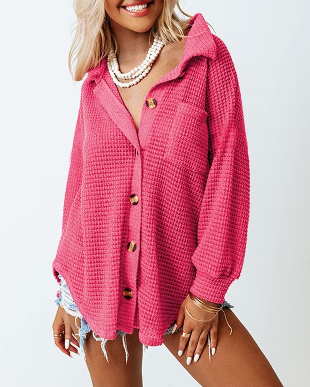 Women's Waffle Knit Shacket - Long Sleeve Button Down Shirt Blouse for Casual & Dressy Outfits | Perfect for Fall Layering, Office Wear & Weekend Outings
