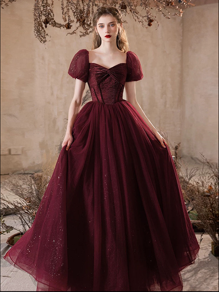 Elegant A-Line Puff Sleeves Tulle Burgundy Long Prom Dress - Formal Evening Gown for Homecoming, Ball & Special Occasions