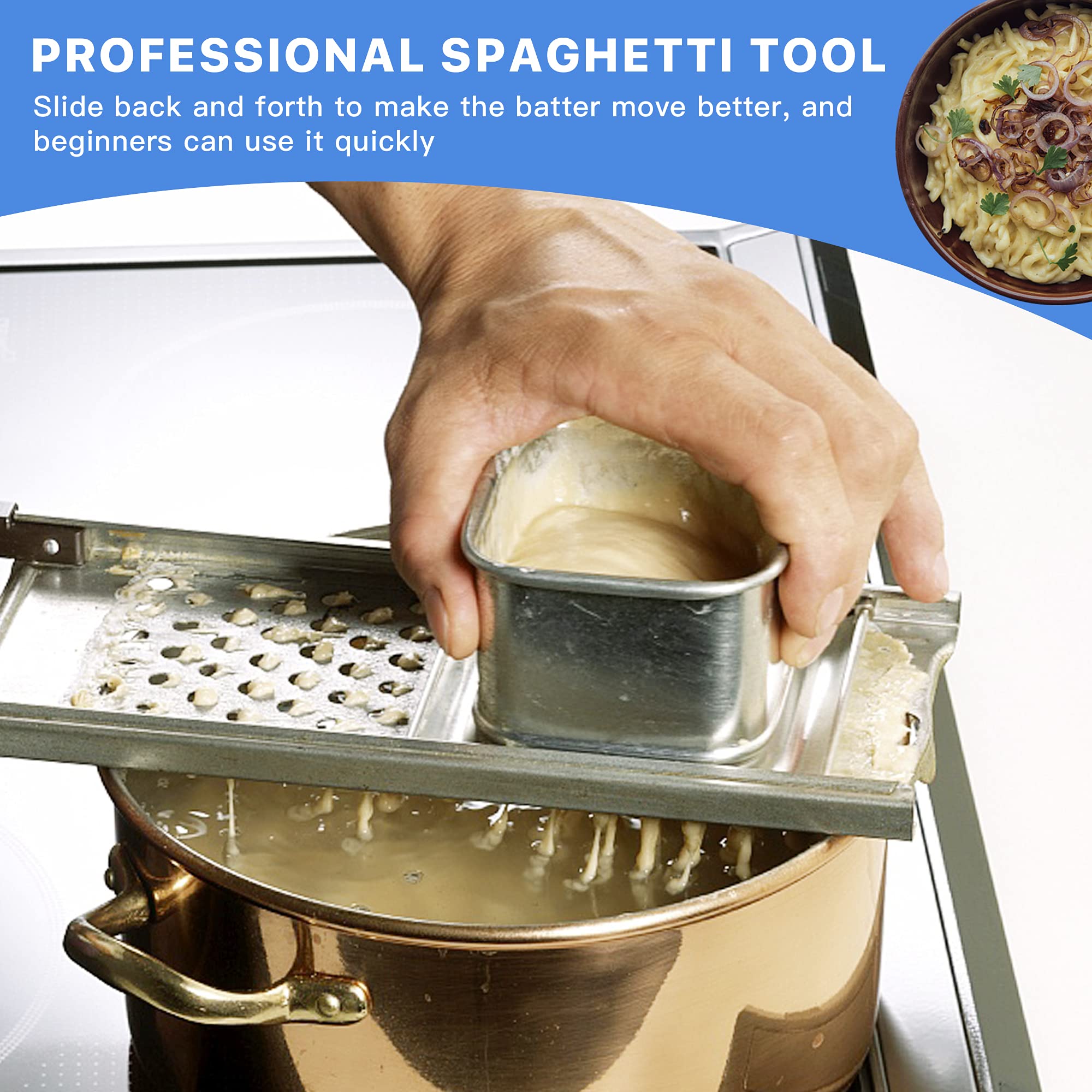 Premium Stainless Steel Spaetzle Maker - Authentic German Noodle Press with Ergonomic Rubber Handle | Includes Skimmer, Spider Strainer, Silicone Spatula & Cleaning Brush | Perfect for Homemade Pasta, Dumplings & Traditional European Cuisine