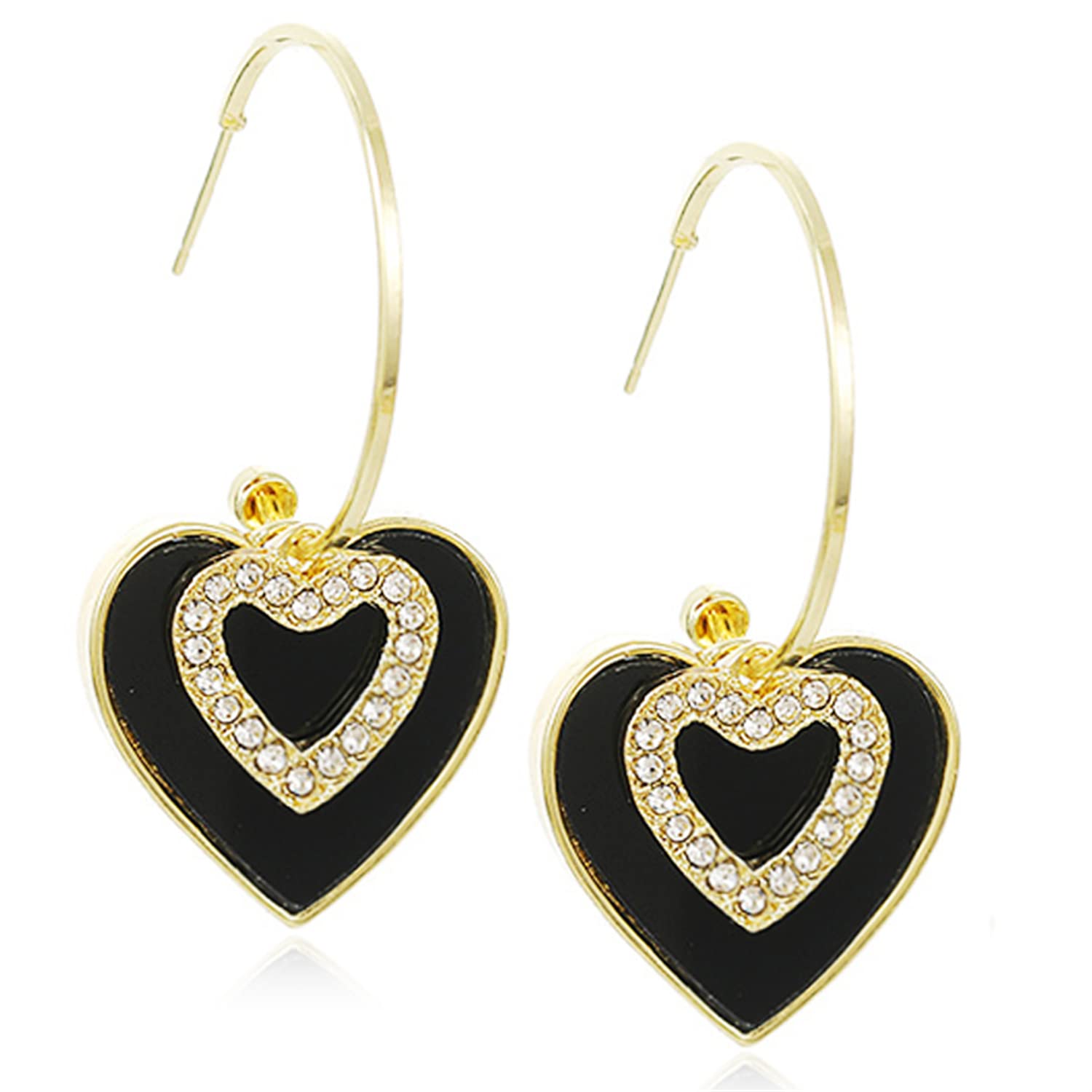 14K Gold Plated Minimalist Love Heart Dangle Earrings for Women - Elegant Black & White Tassel Drop Hoop Jewelry - Perfect for Date Night, Parties & Special Occasions