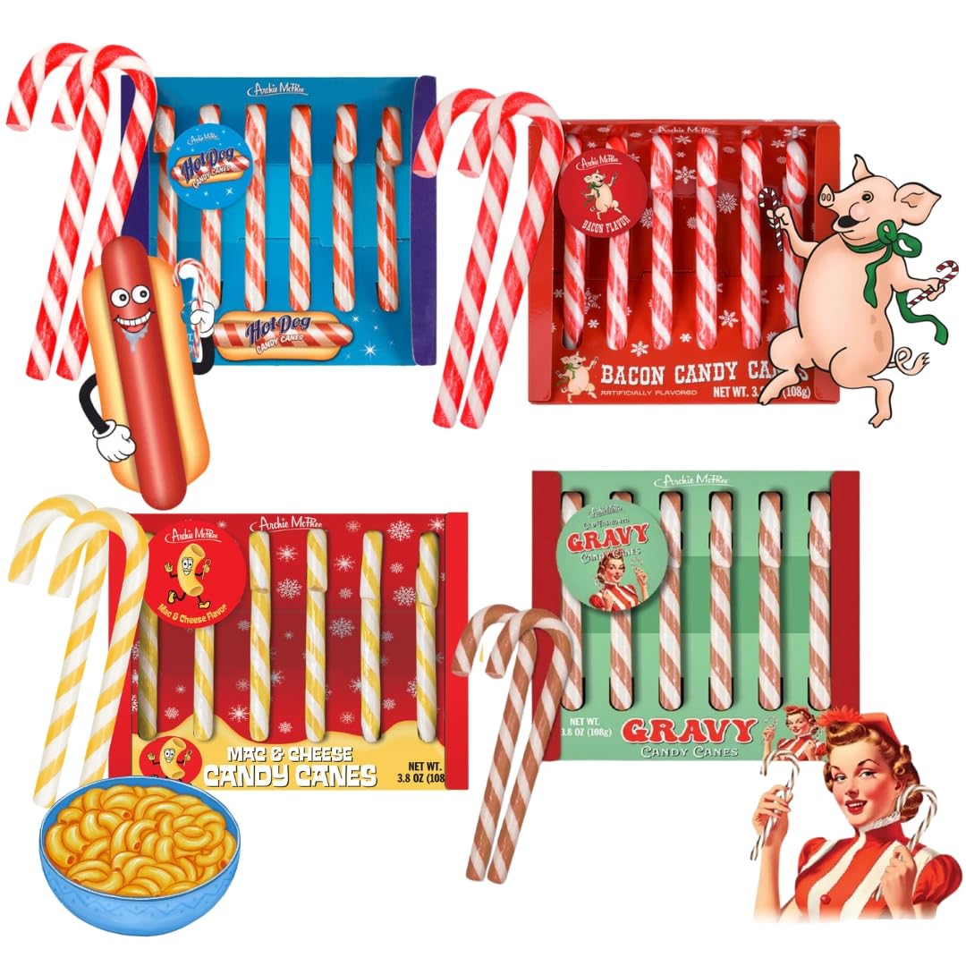 Archie McPhee Novelty Candy Canes - Unique Pickle, Hot Dog, Bacon & Mac n Cheese Flavors - Fun Holiday Gifts for Foodies, White Elephant & Office Party Exchanges - Perfect for Christmas Stockings & Quirky Gift Baskets