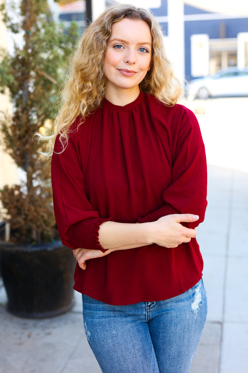 Bold Dreams Wine Smocked Three Quarter Sleeve Tie Back Top - Elegant Women's Blouse for Date Night, Cocktail Parties & Summer Outings