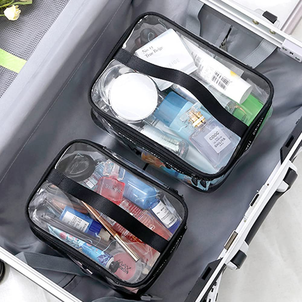 Corsehild 2 Pack Clear Travel Toiletries Bag - Waterproof PVC Cosmetic Makeup Pouch with Zipper for Women & Men - Perfect for Airplane Carry-On, Gym, Beach & Vacation Essentials (Black)