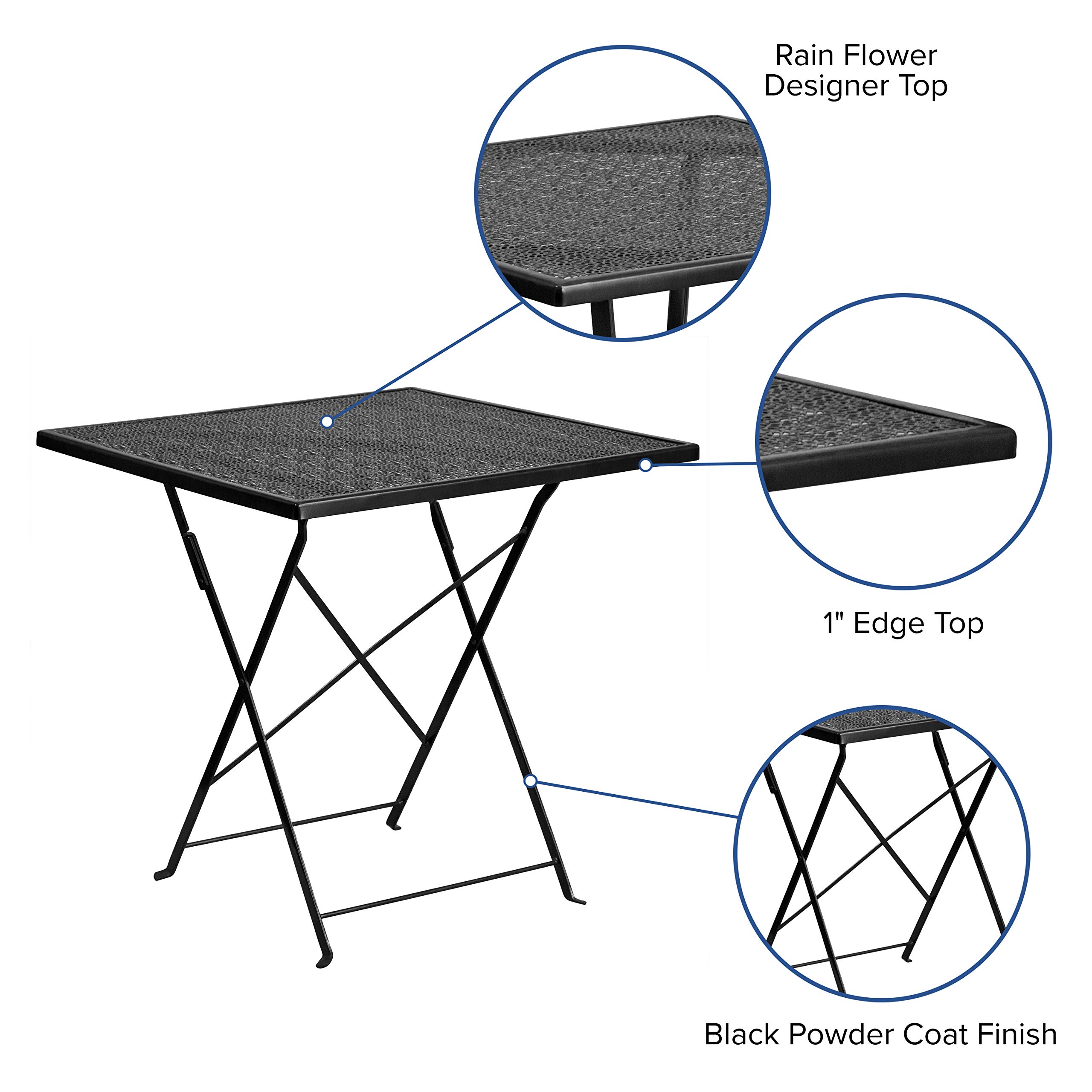 EMMA + OLIVER 28 Inch Square Black Steel Folding Table - Heavy Duty Commercial Grade Indoor Outdoor Patio Dining Table for Restaurant, Cafe, Garden, and Backyard Use