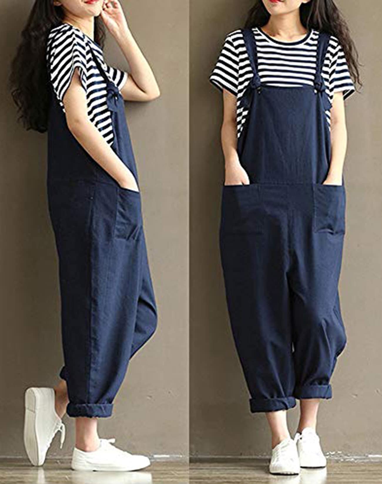 Aedvoouer Women's Plus Size Wide Leg Jumpsuit Overalls - Loose Cotton Linen Baggy Bib Pants for Casual Wear & Summer Outfits
