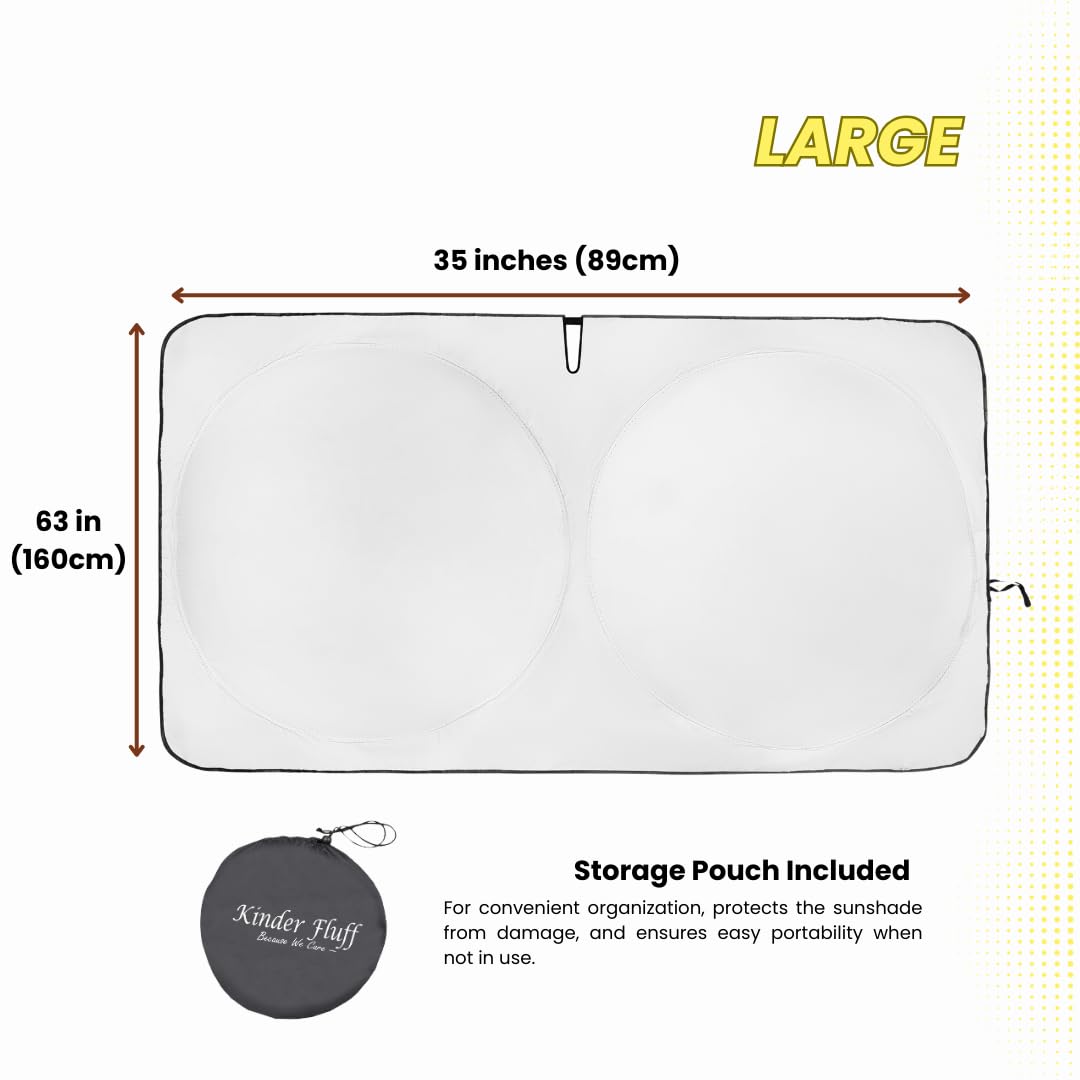Kinder Fluff Reflective & Foldable Windshield Sunshade - Blocks 99% UV Rays | Car Window Sun Cover for Heat Protection (63x35in, Large) | Perfect for Summer Parking & Dashboard Protection