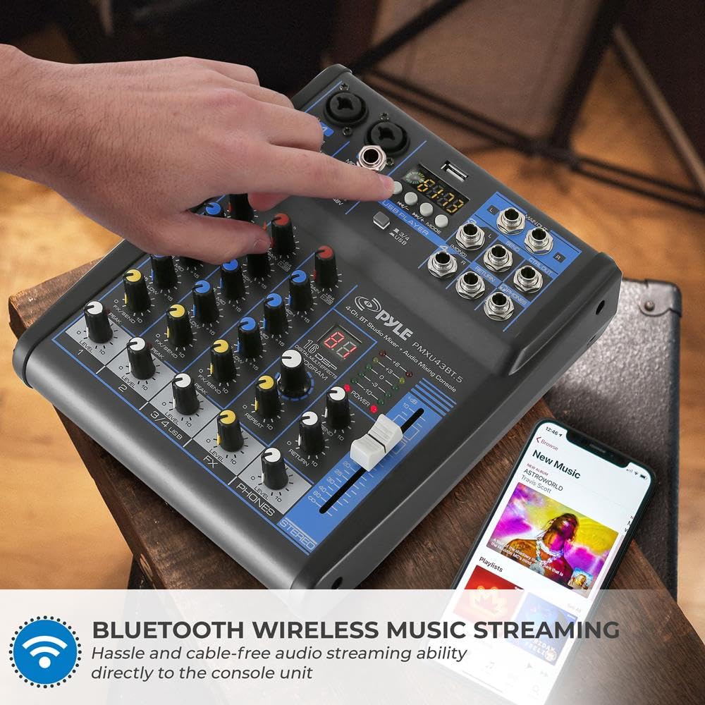 Pyle Professional 4-Channel Audio Mixer Sound Board with USB, Bluetooth, MP3 Input, 48V Phantom Power & 16-Bit DSP Processor - Ideal for DJ Studio, Live Streaming & Music Production - PMXU43BT.5